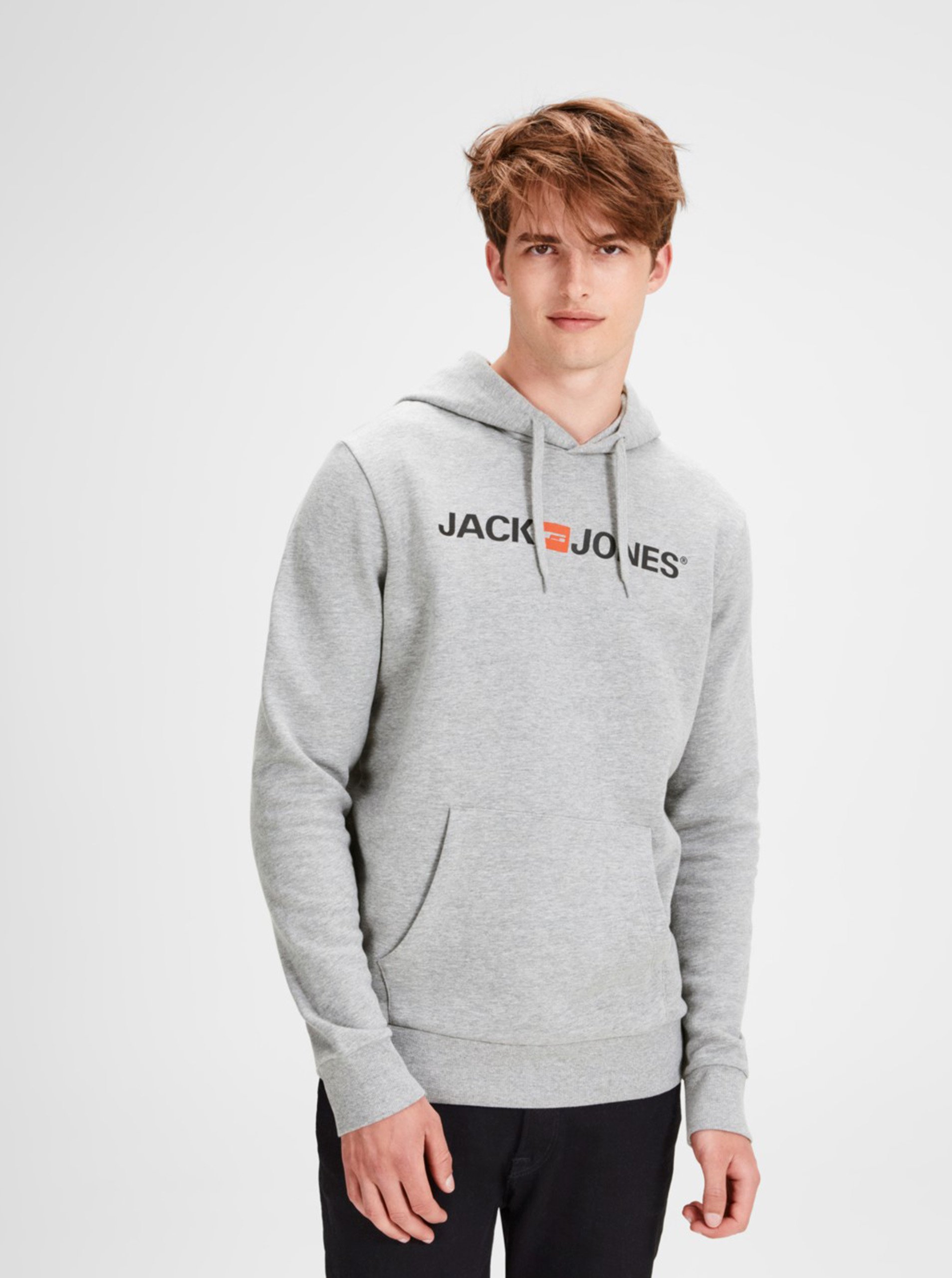 Levně Šedá žíhaná mikina s potiskem a kapucí Jack & Jones