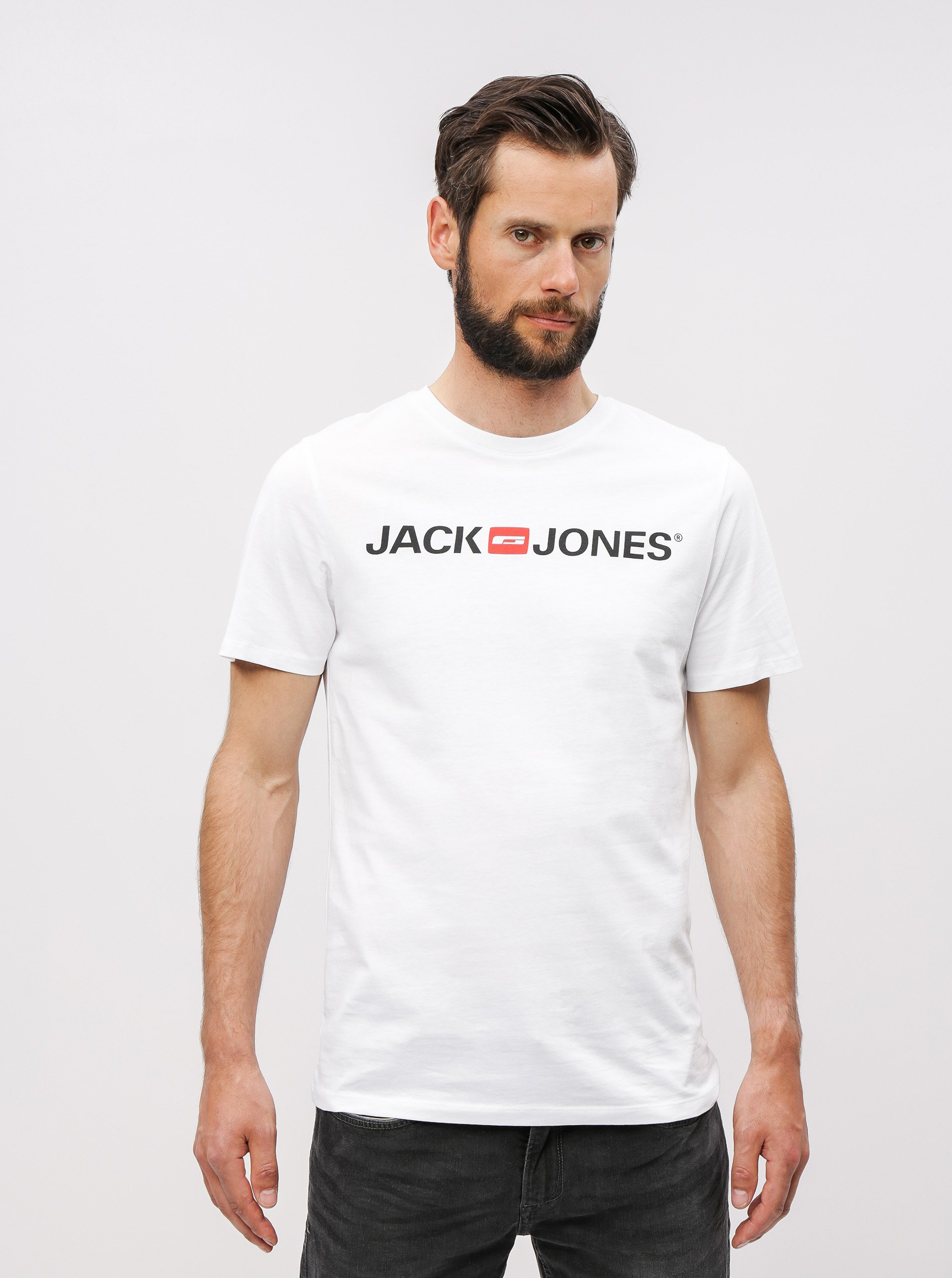 Levně Bílé tričko s potiskem Jack & Jones