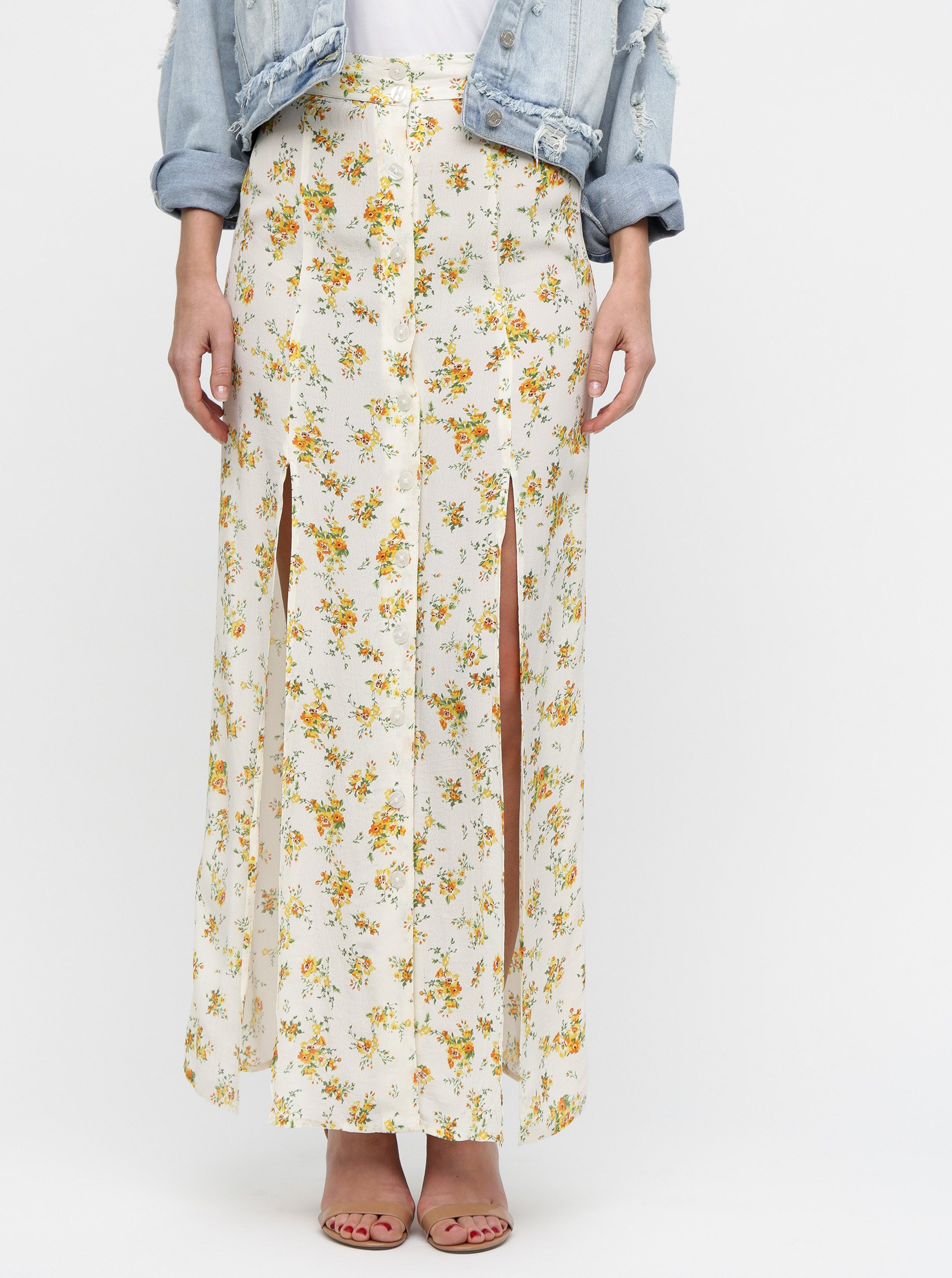 E-shop Krémová květovaná maxi sukně s rozparky Miss Selfridge