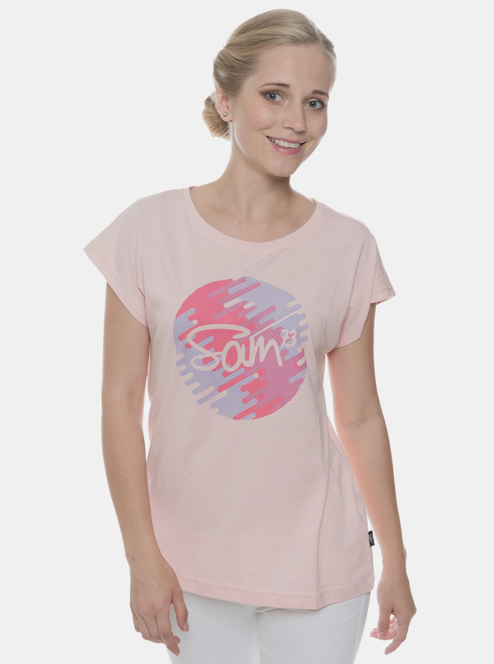 Levně Růžové dámské tričko s potiskem SAM 73