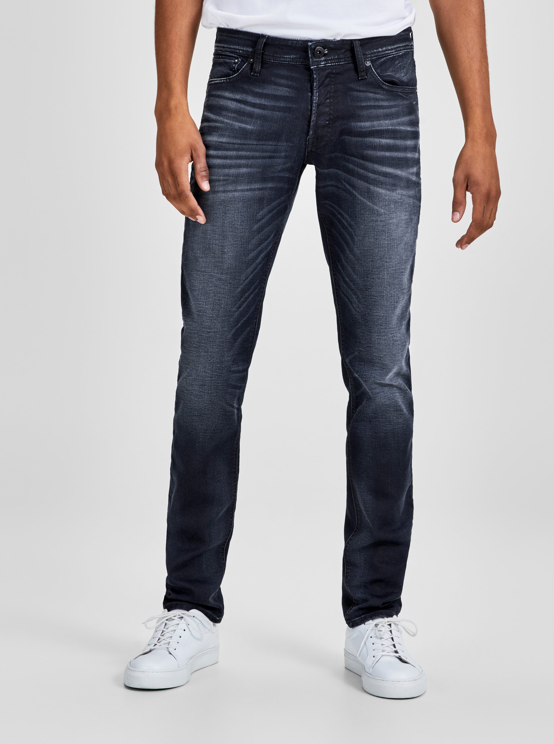 Lacno Tmavomodré slim fit rifle s vyšúchaným efektom Jack & Jones Glenn