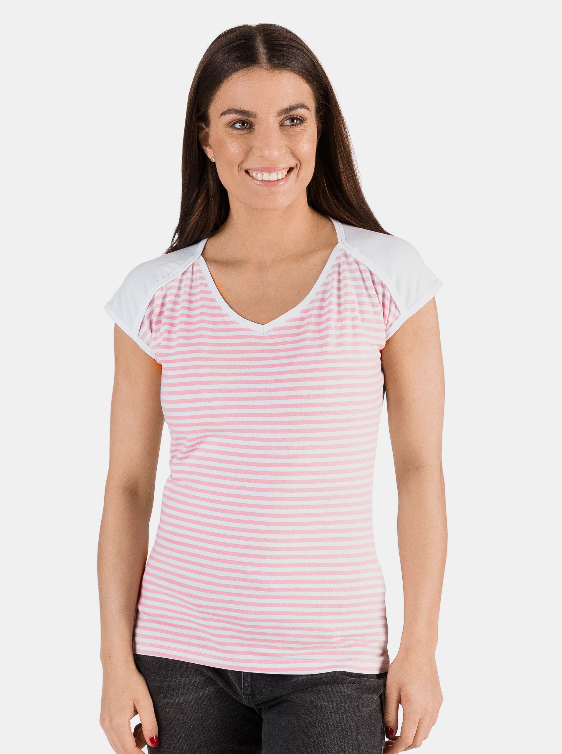Lacno Ružovo-biele dámske pruhované tričko SAM 73 Jonna