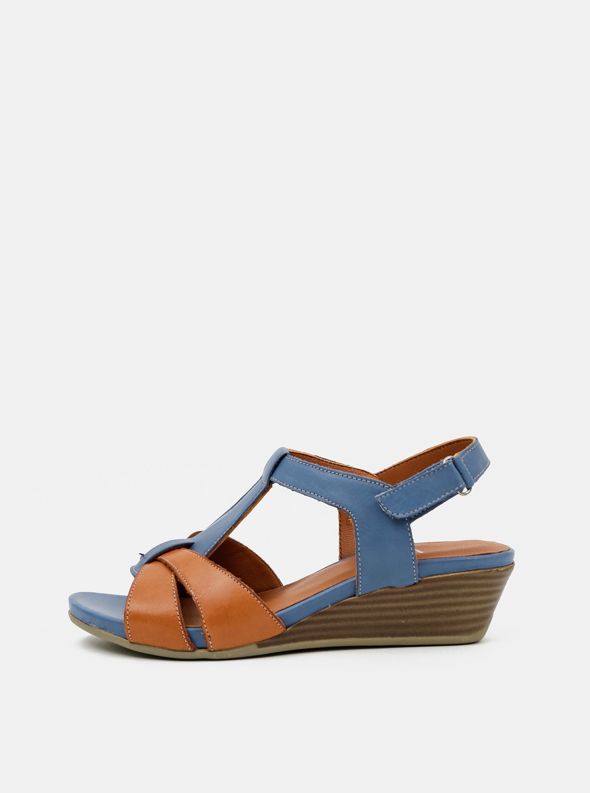 Lacno Hnedo-modré kožené sandálky na plnom podpätku WILD