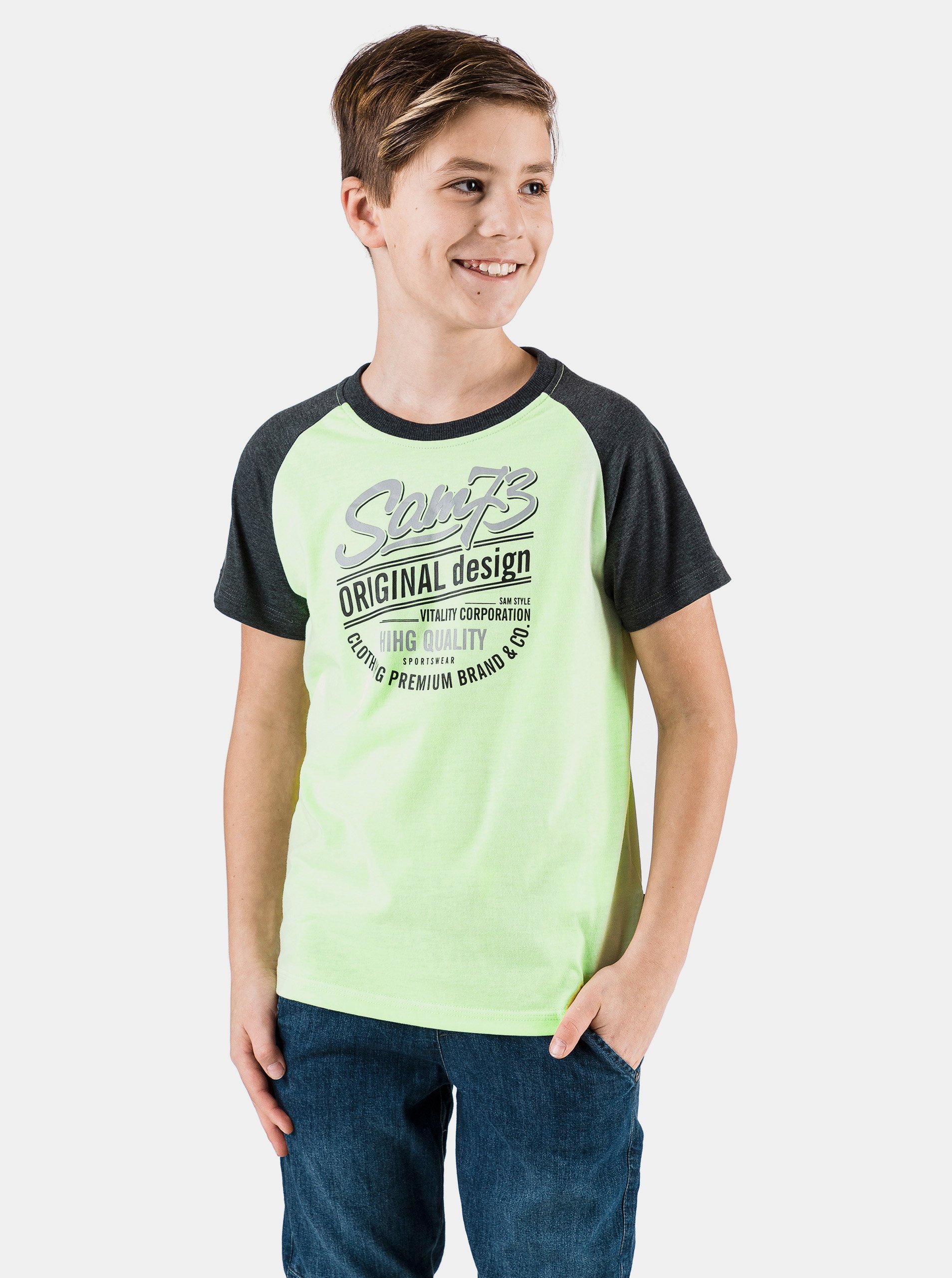 Lacno Neonovo zelené chlapčenské tričko s potlačou SAM 73