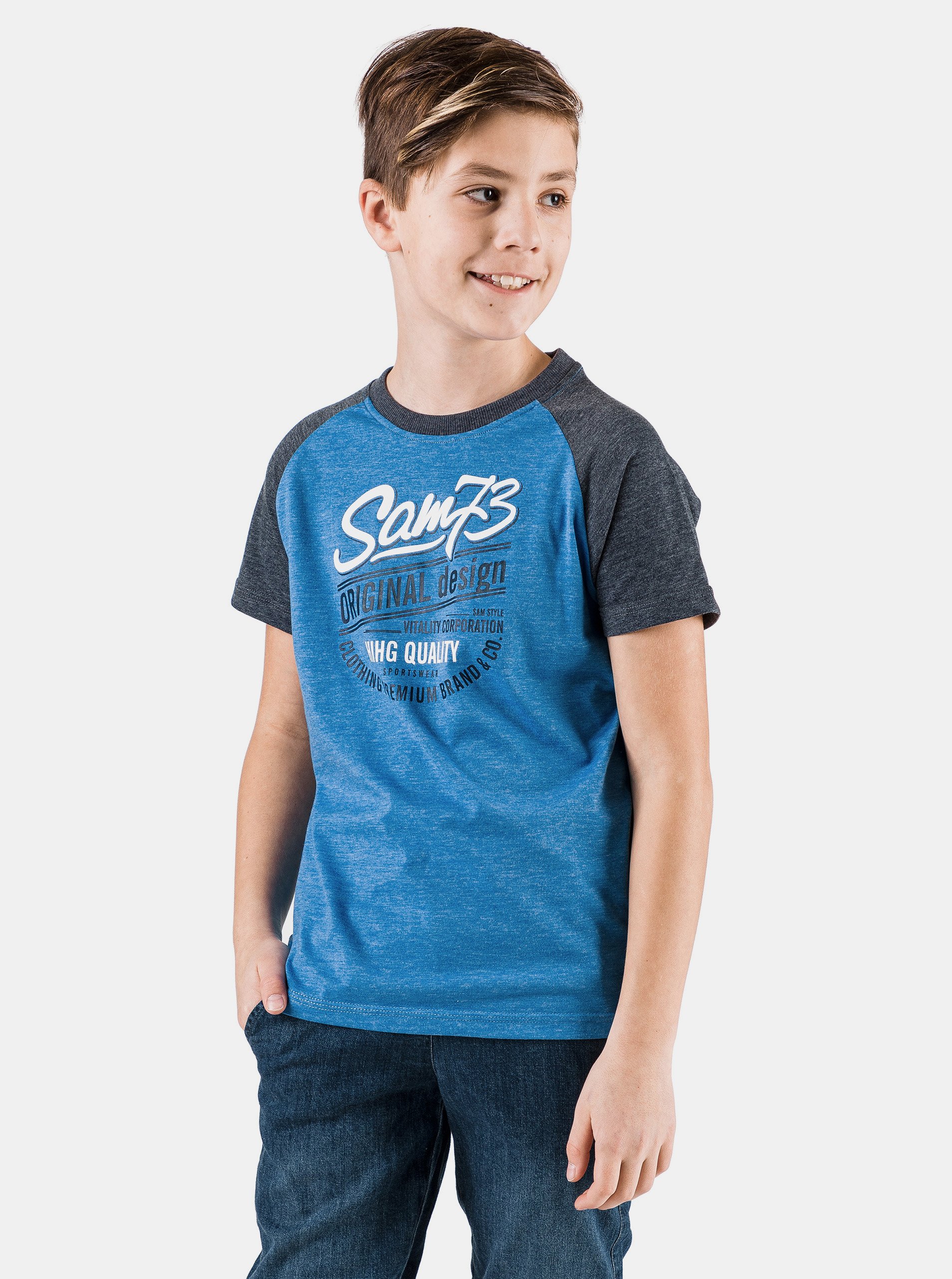 Lacno Modré chlapčenské tričko s potlačou SAM 73