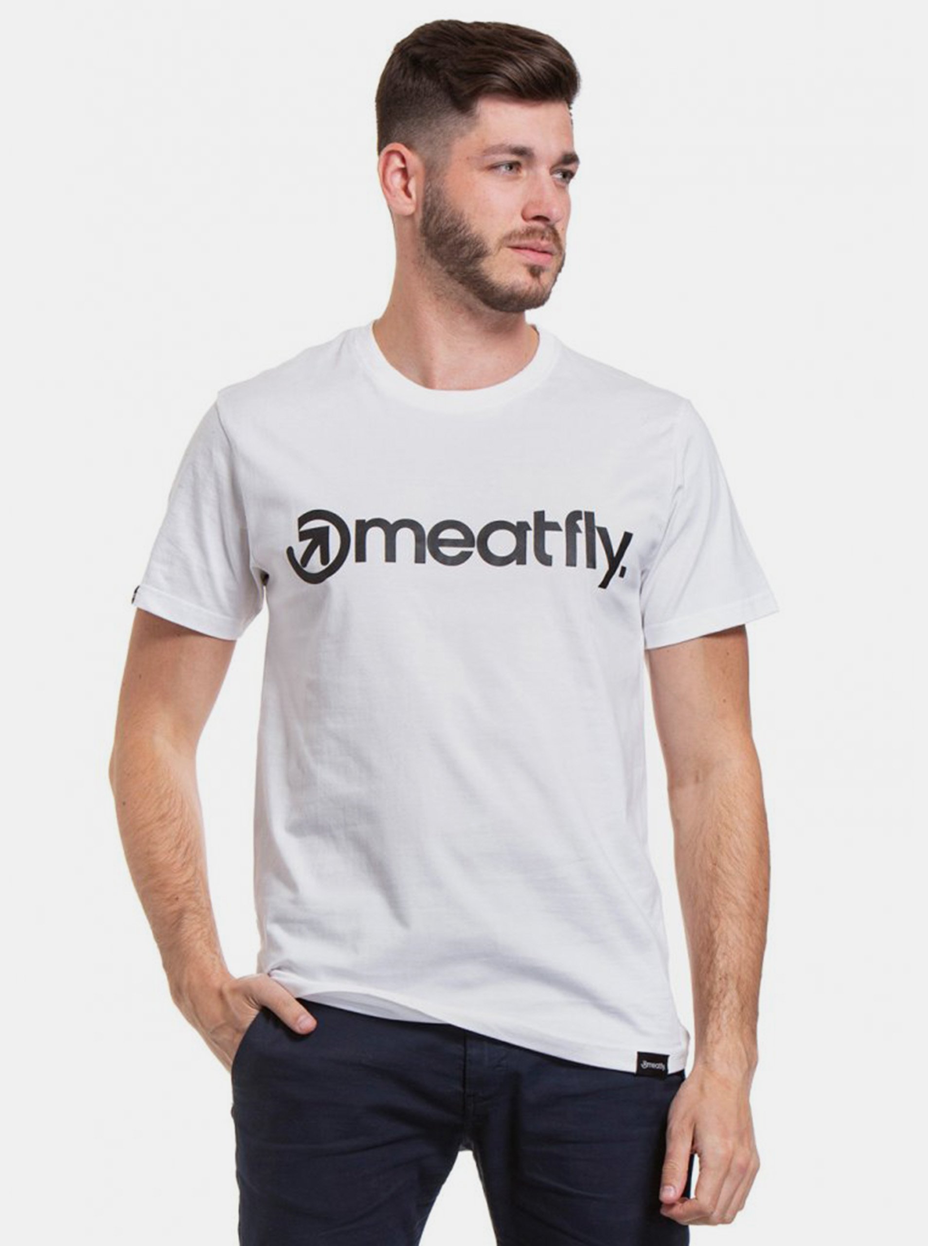Lacno Biele pánske tričko s potlačou Meatfly Logo