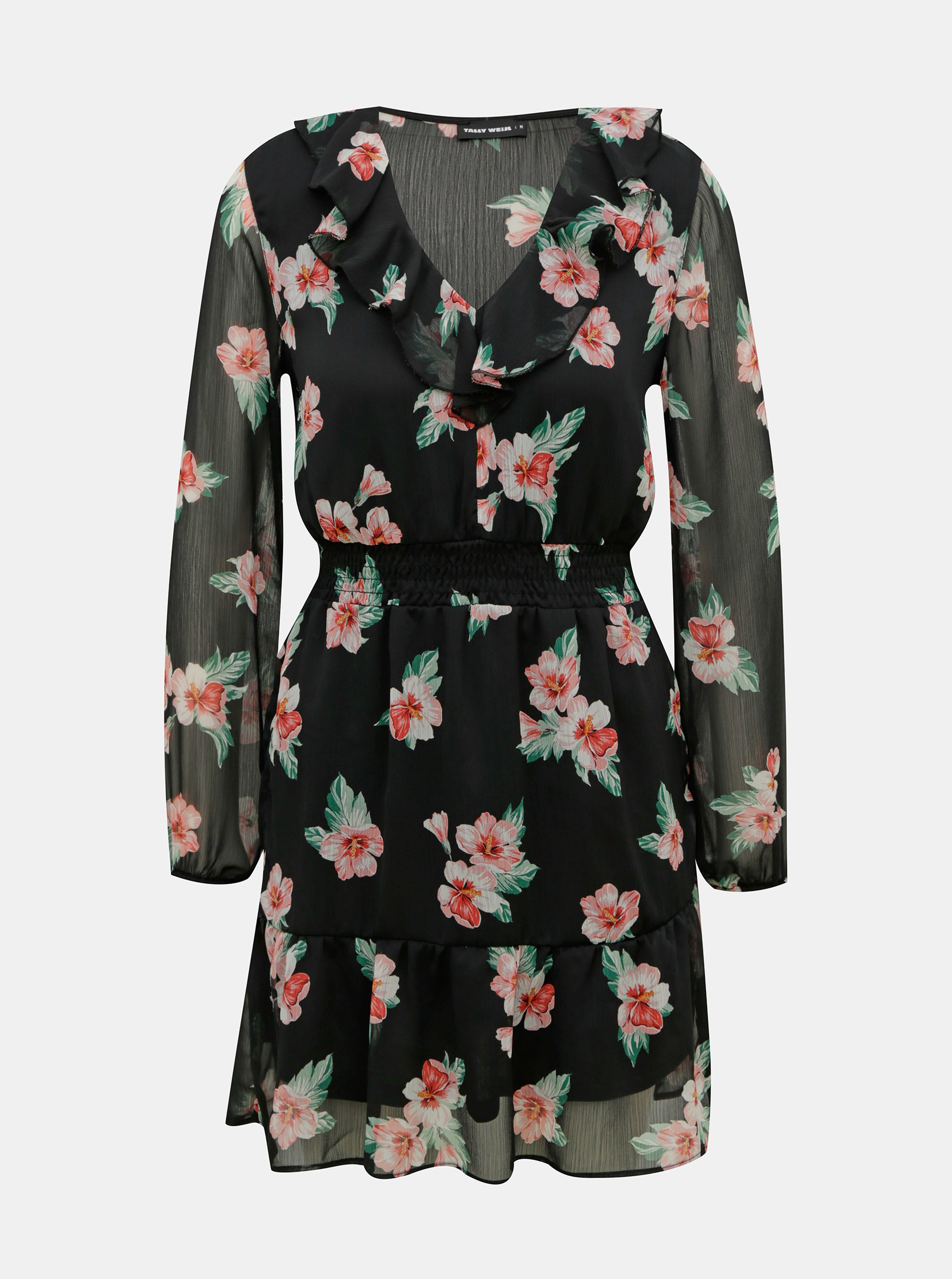 E-shop Čierne kvetované šaty s volánmi TALLY WEiJL
