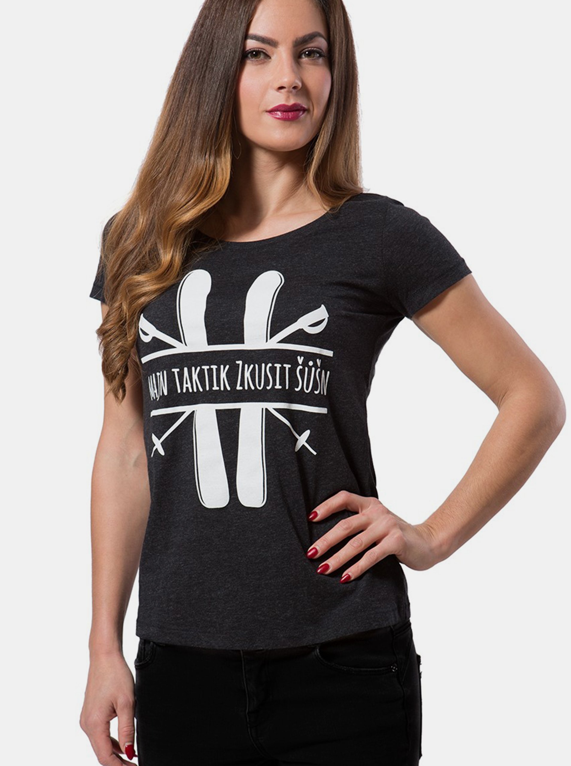 Levně Tmavě šedé dámské tričko Majn Taktik Zkusit Šůšn Differenta Design