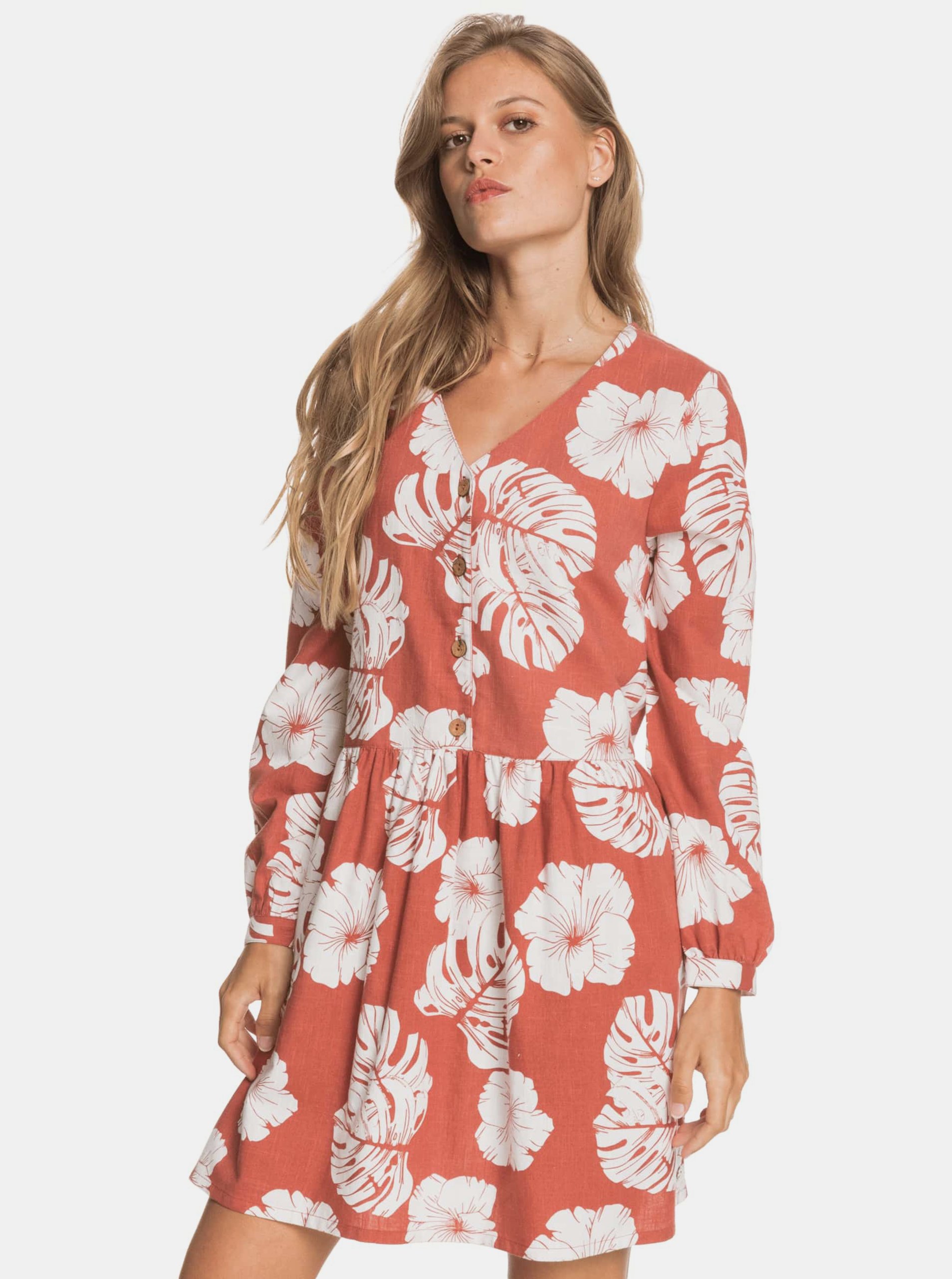 Levně Cihlové květované šaty s knoflíky Roxy