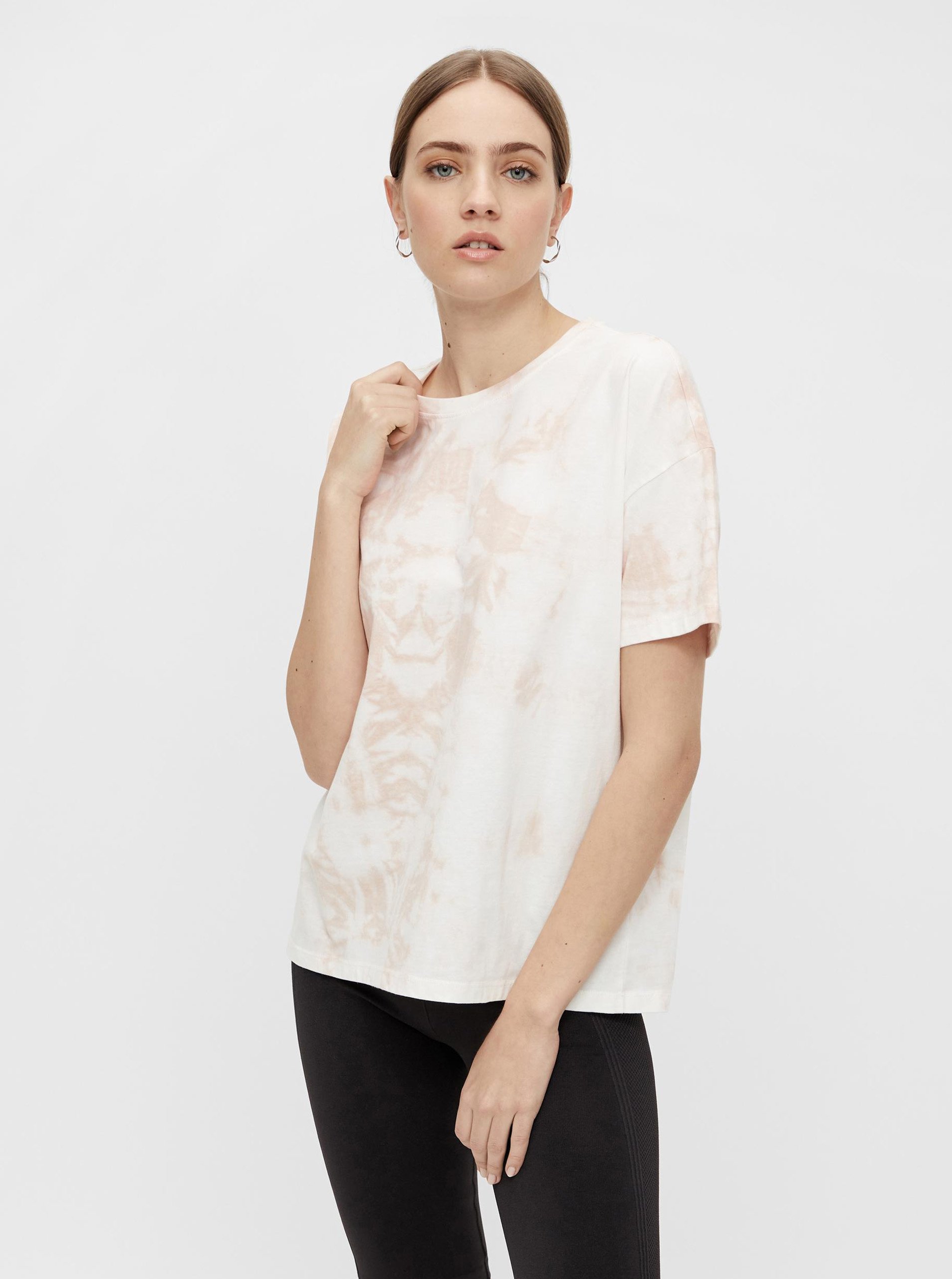 Levně Růžovo-bílé batikované tričko Pieces Panni