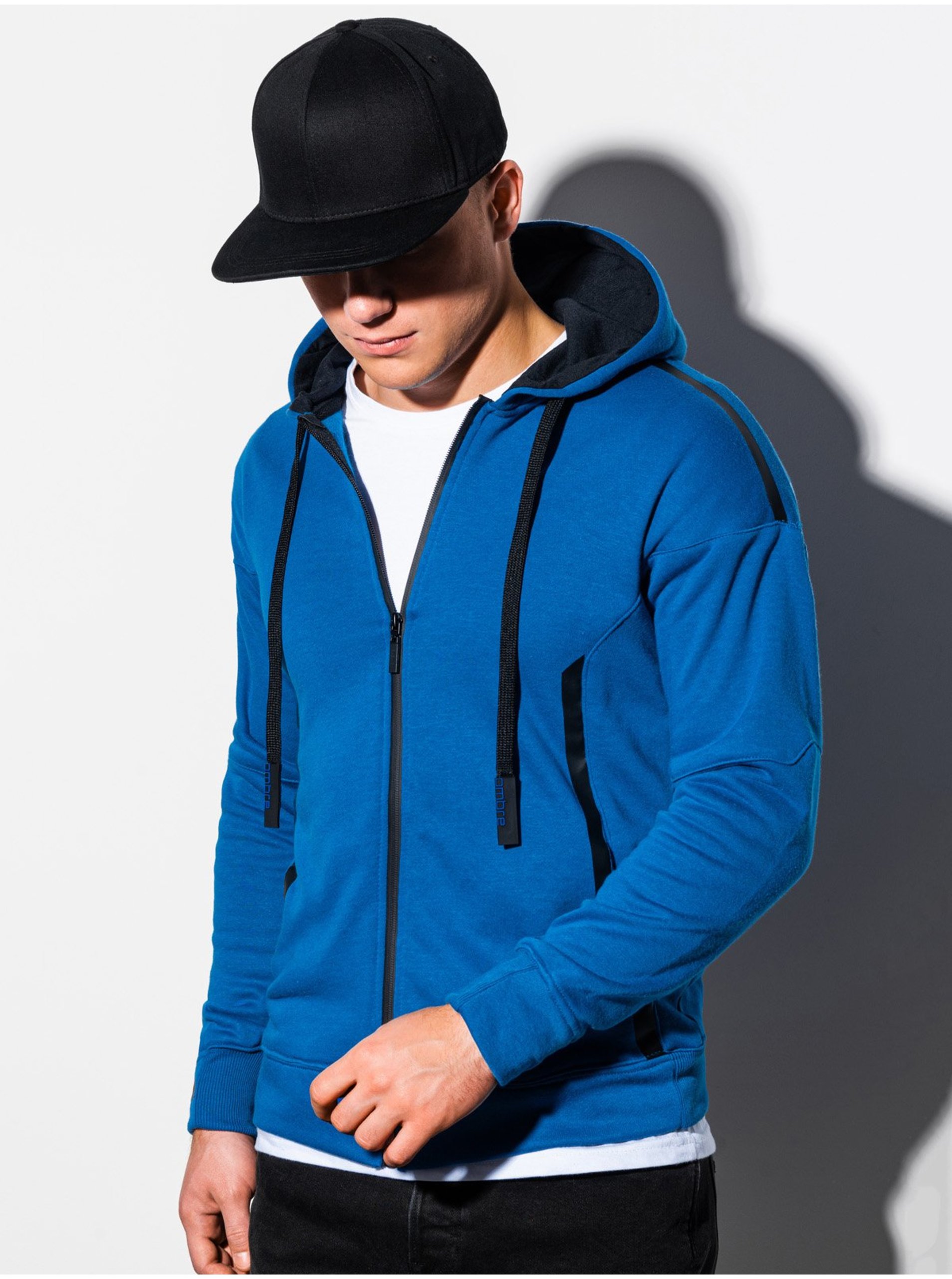 Lacno Modrá pánska mikina na zips s kapucňou Ombre Clothing B1076