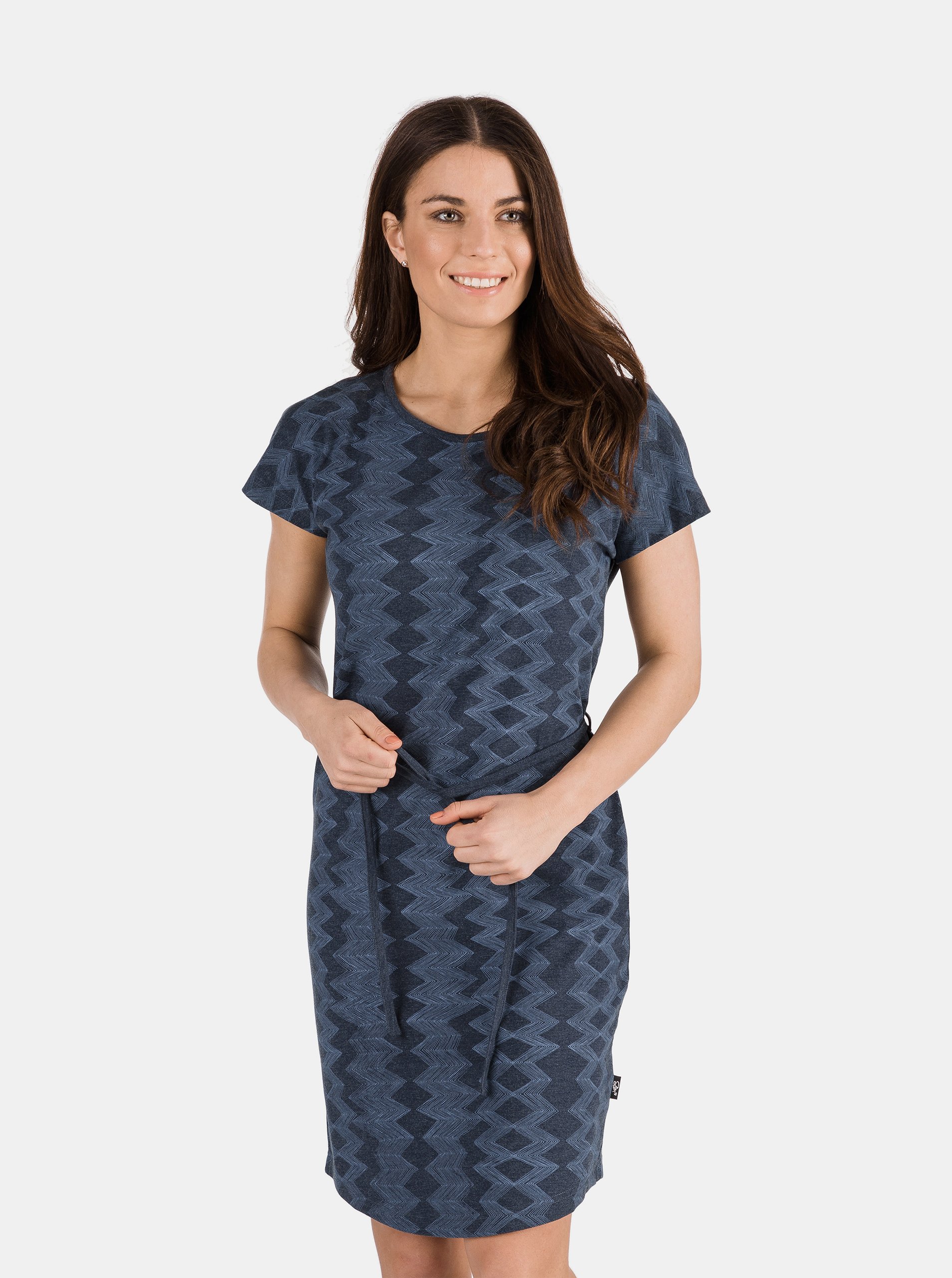 E-shop Tmavě modré dámské vzorované šaty se zavazováním SAM 73