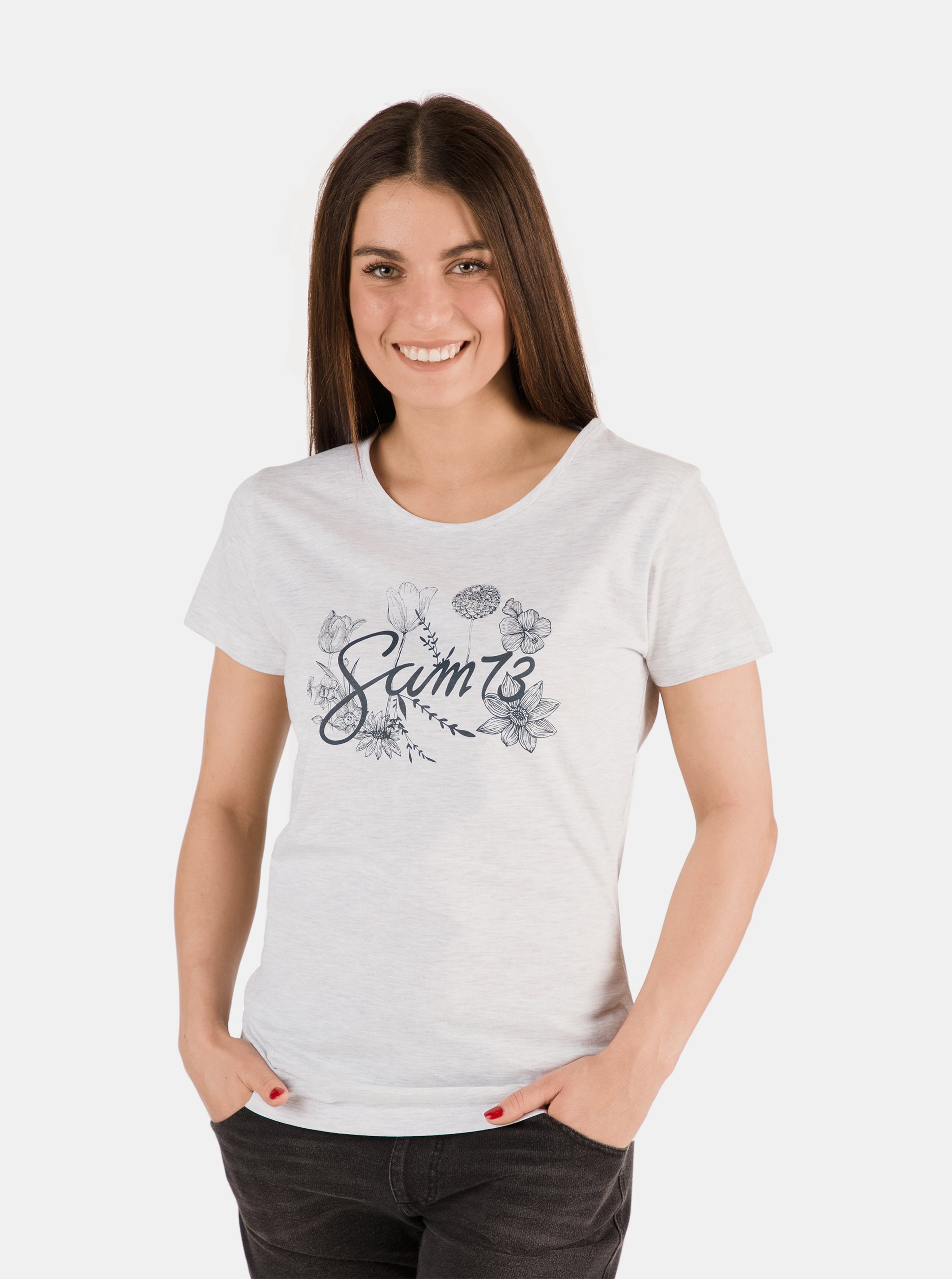 Levně Světle šedé dámské žíhané tričko s potiskem SAM 73