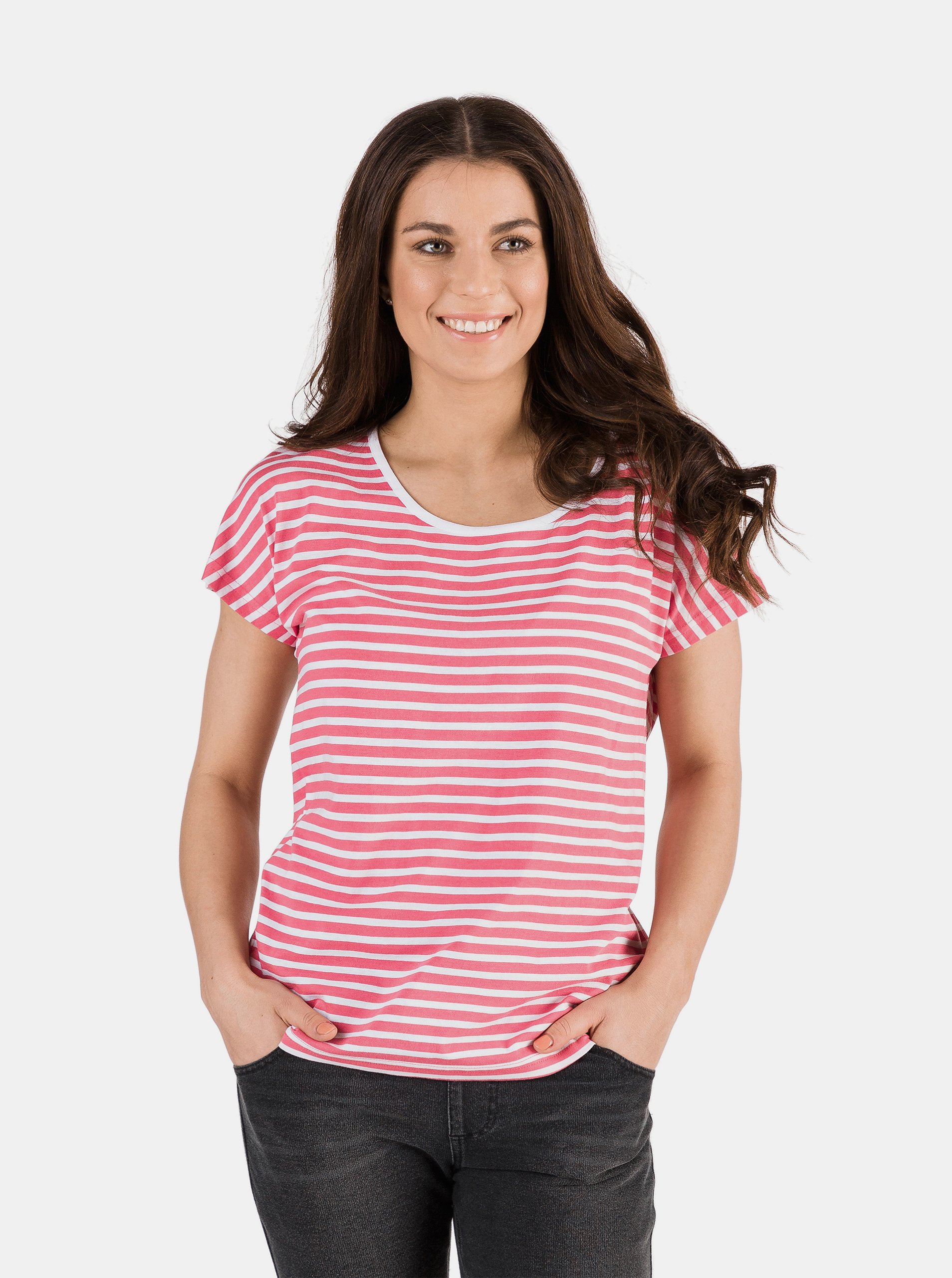 Levně Růžové dámské pruhované tričko SAM 73