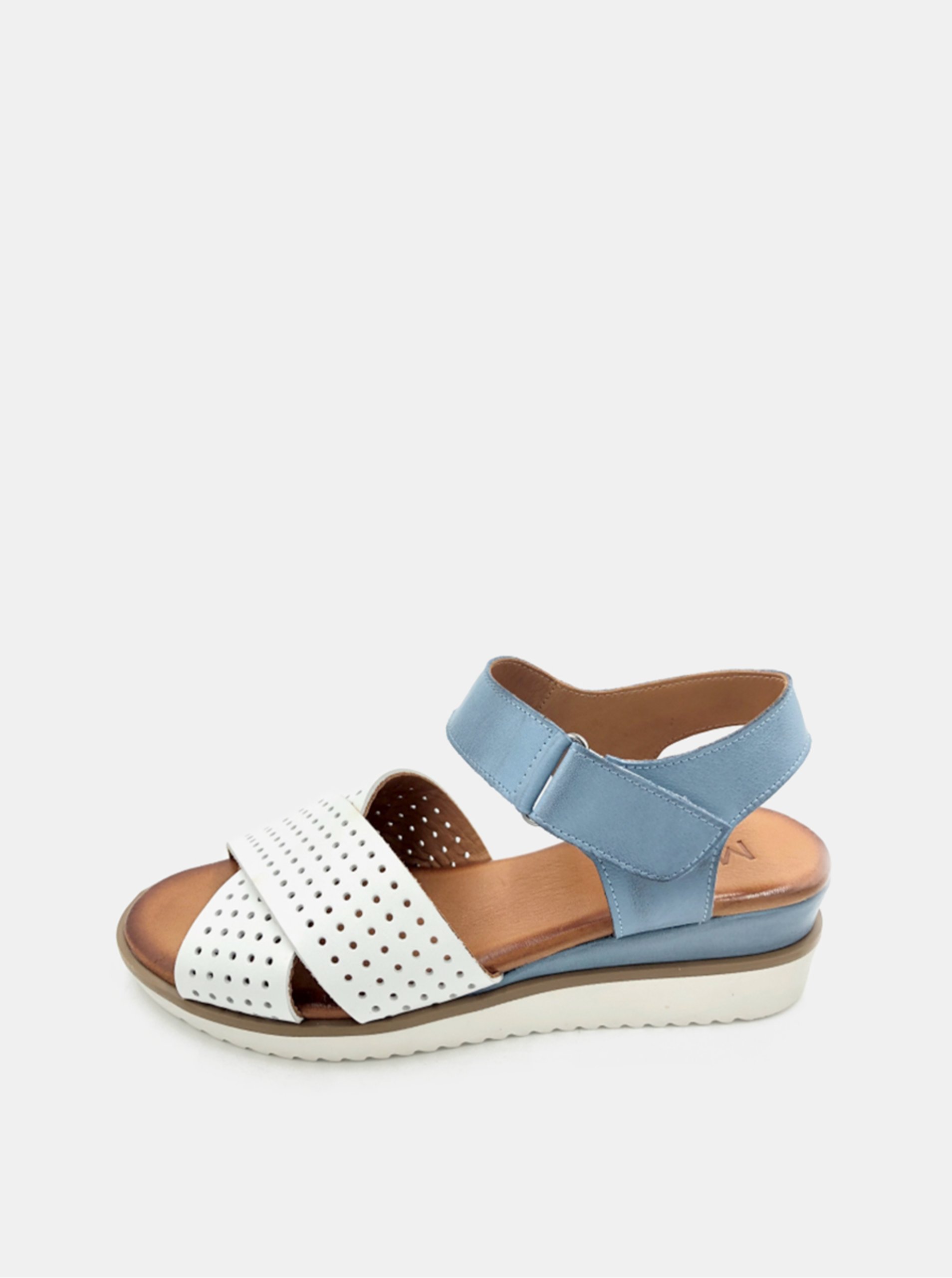 Lacno Bielo-modré dámske kožené sandálky na plnom podpätku WILD