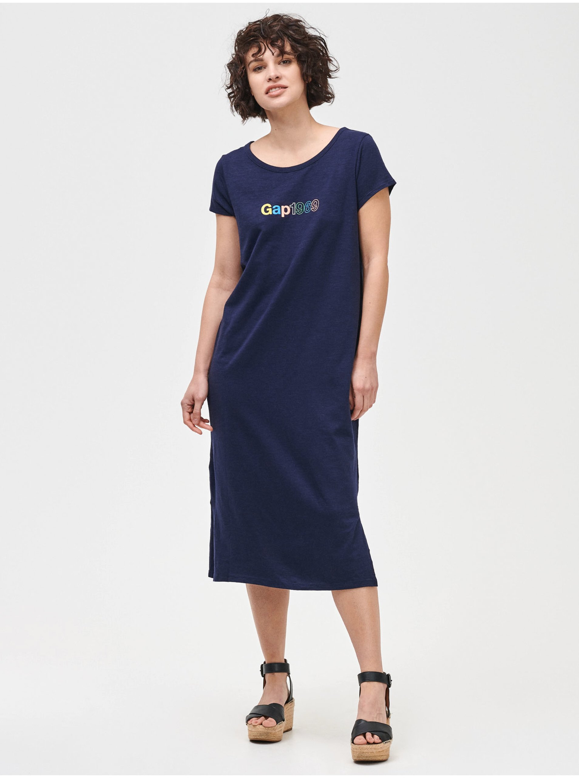 Levně Modré dámské šaty GAP Logo 1969 slub midi dress