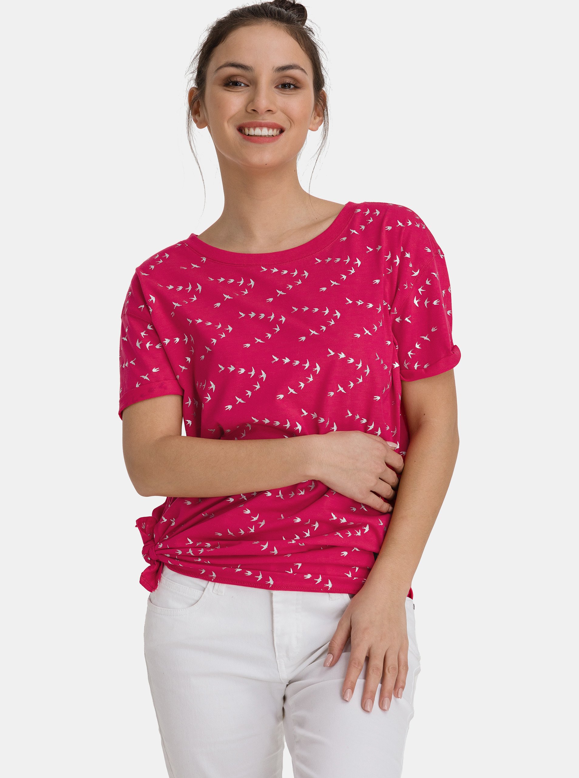 Lacno Ružové dámske vzorované voľné tričko SAM 73