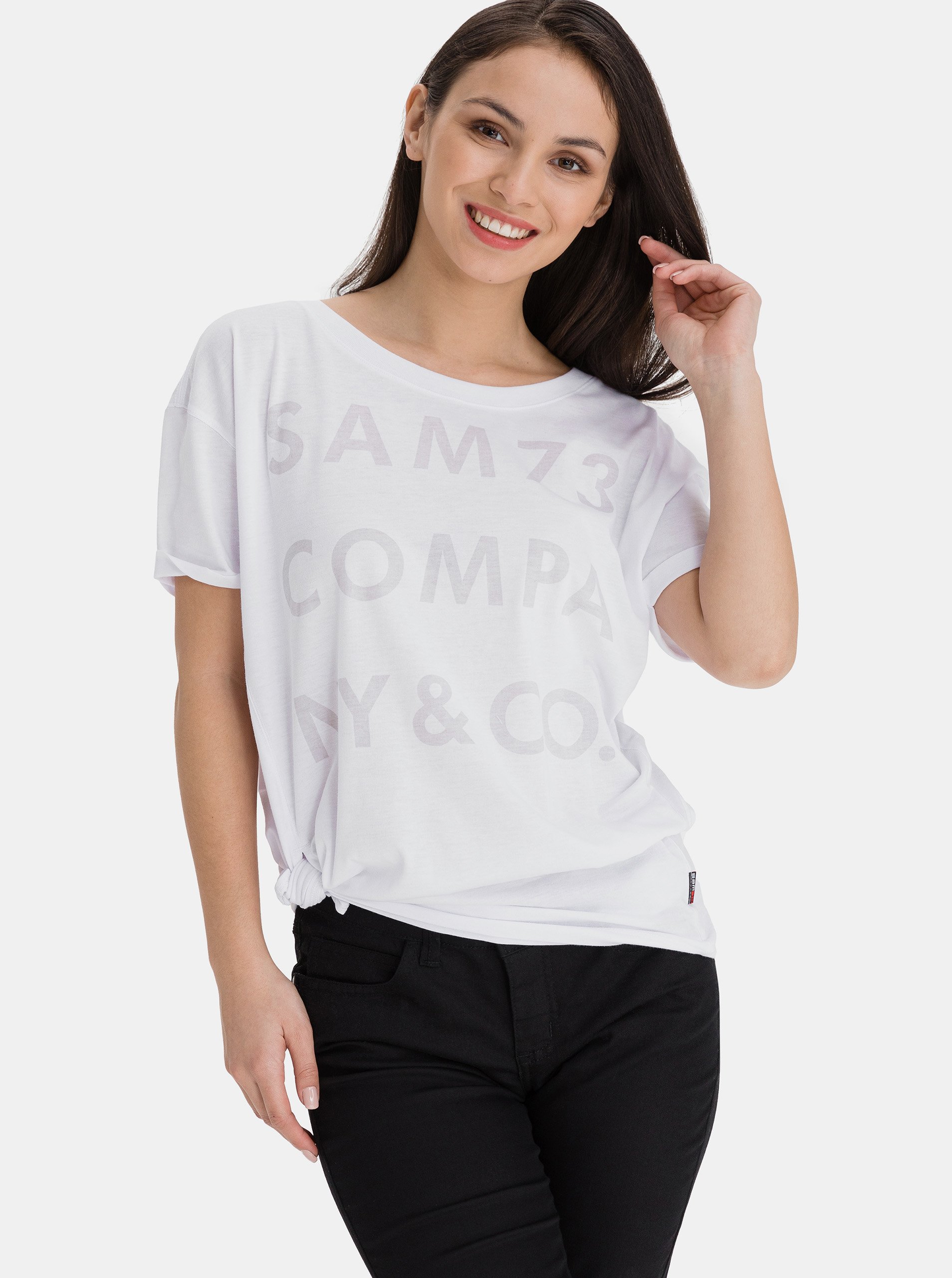 E-shop Biele dámske voľné tričko s potlačou SAM 73