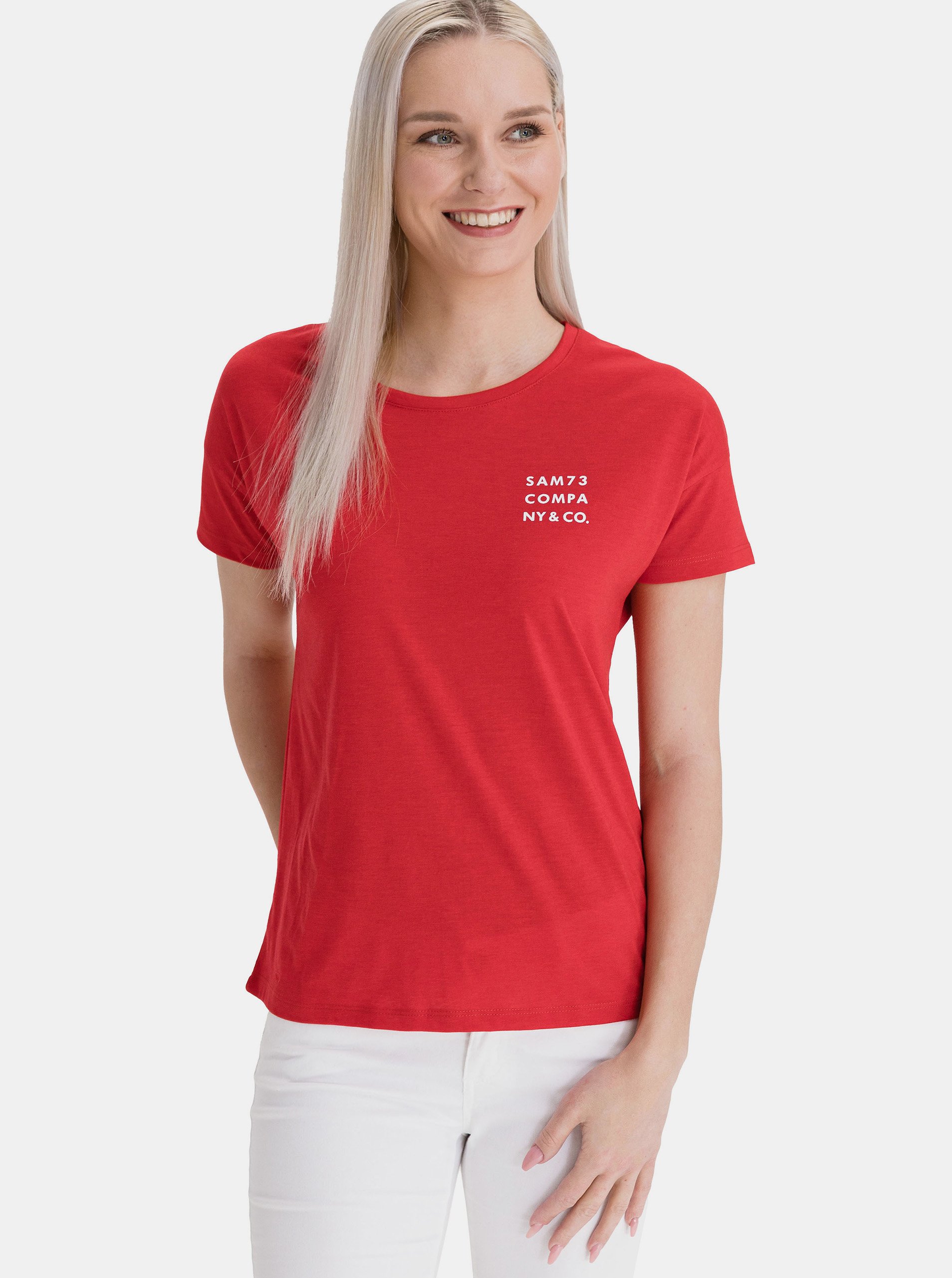 Levně Červené dámské tričko s potiskem SAM 73