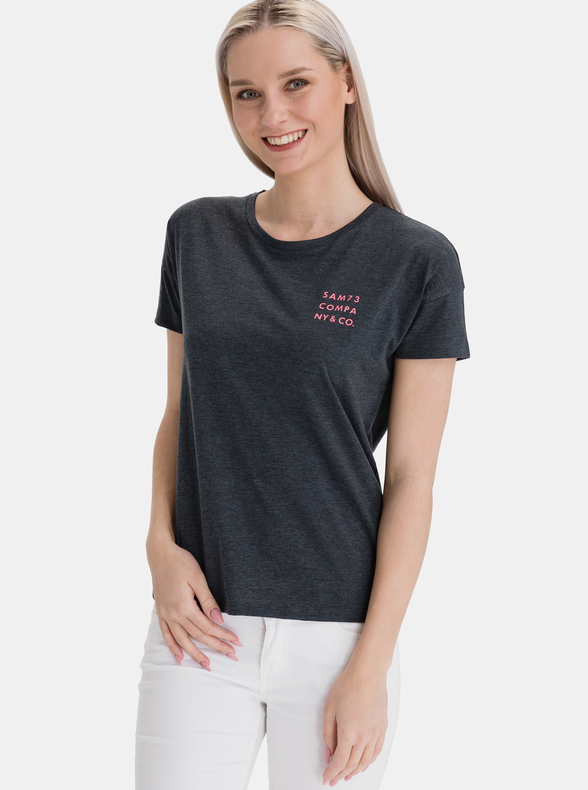 E-shop Tmavě šedé dámské tričko s potiskem SAM 73
