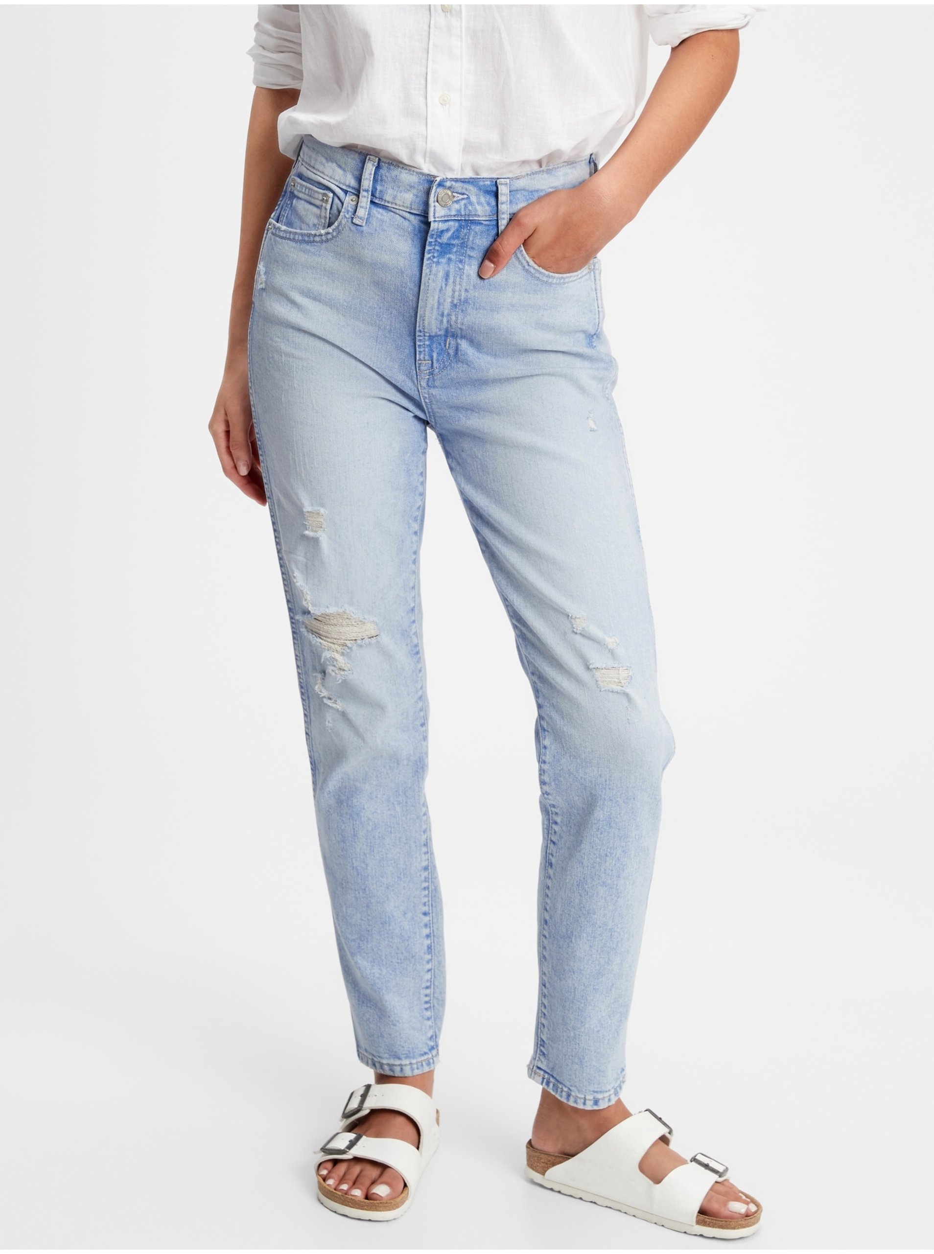 Levně Modré dámské džíny high rise distressed cigarette jeans with Washwell