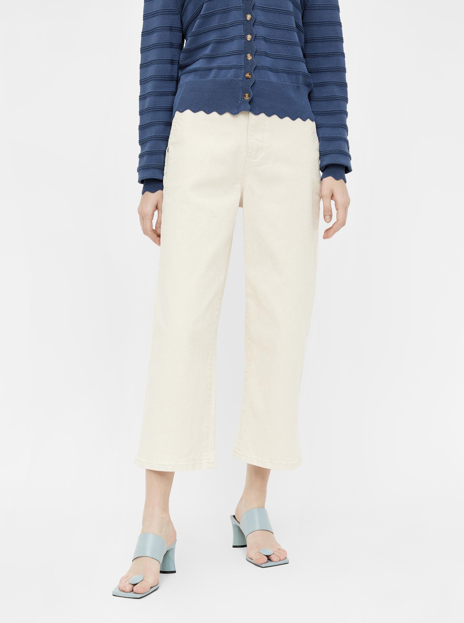 Levně Krémové dámské tříčtvrteční široké džíny .OBJECT Marina