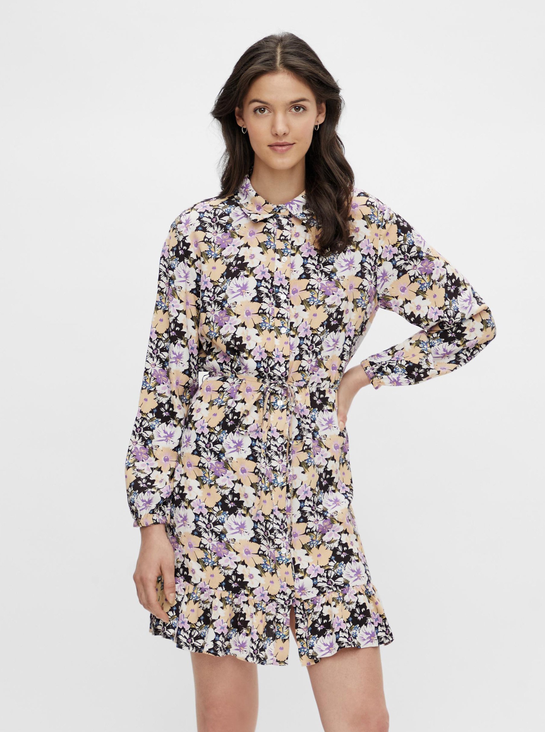 E-shop Černo-fialové květované košilové šaty Pieces Dansi