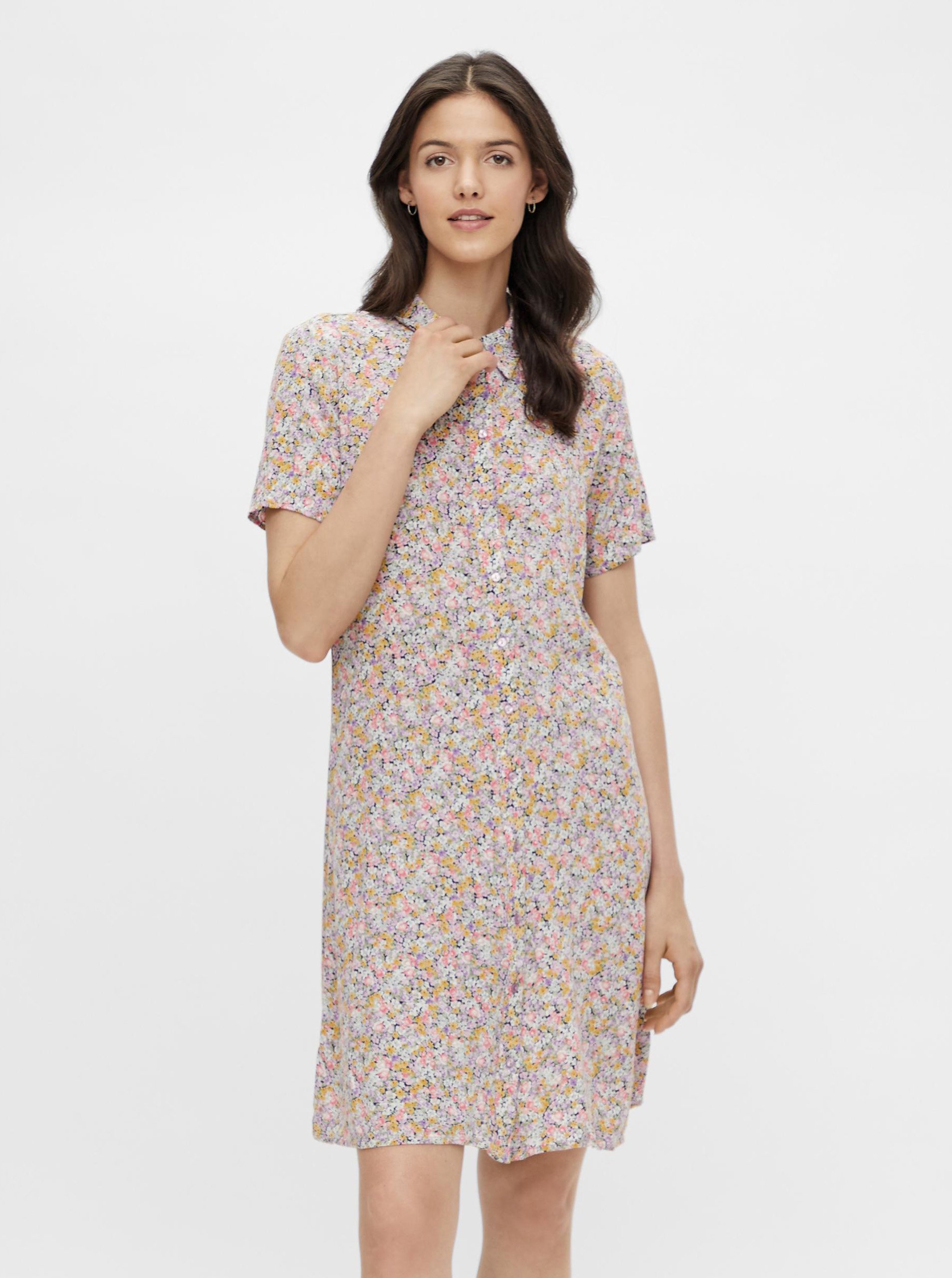 E-shop Žluto-fialové květované košilové šaty Pieces Rilla