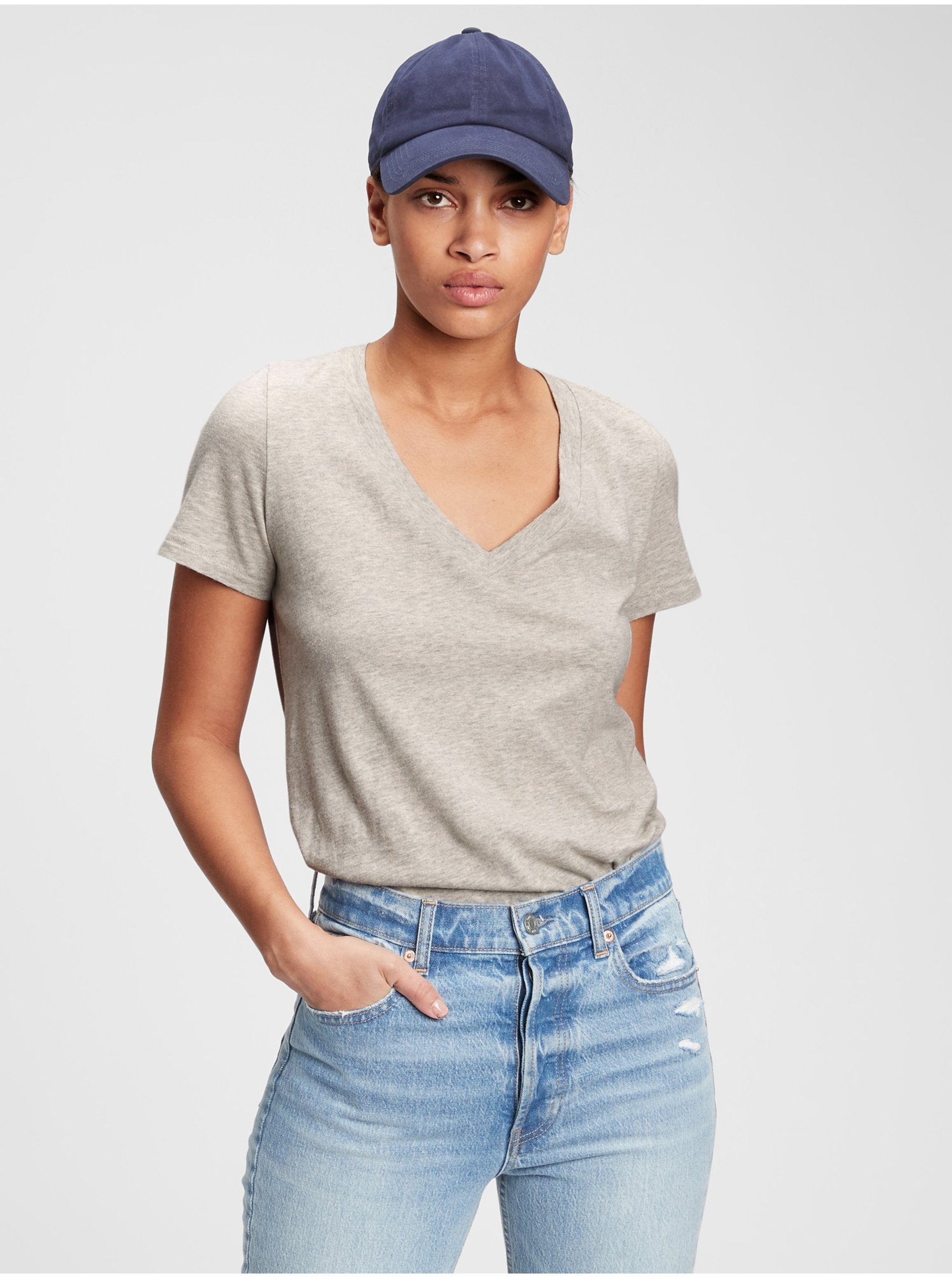 E-shop Šedé dámské tričko 100% organic cotton vintage v-neck t-shirt