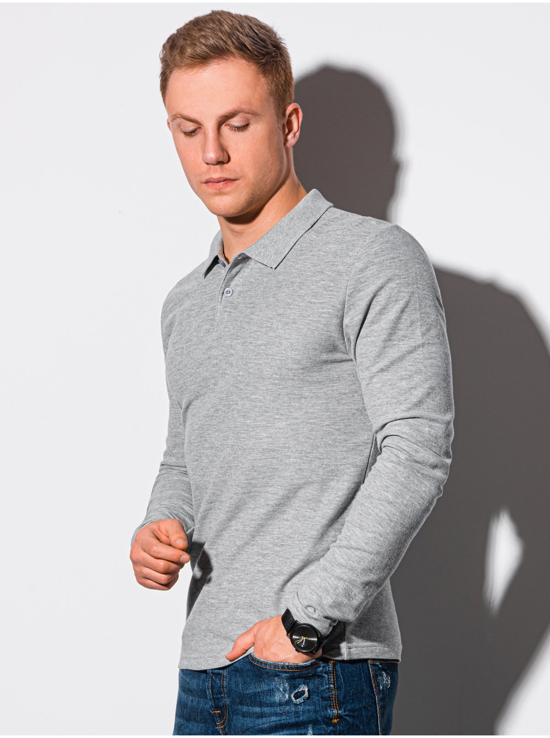 E-shop Šedé pánské tričko s dlouhým rukávem bez potisku Ombre Clothing L132