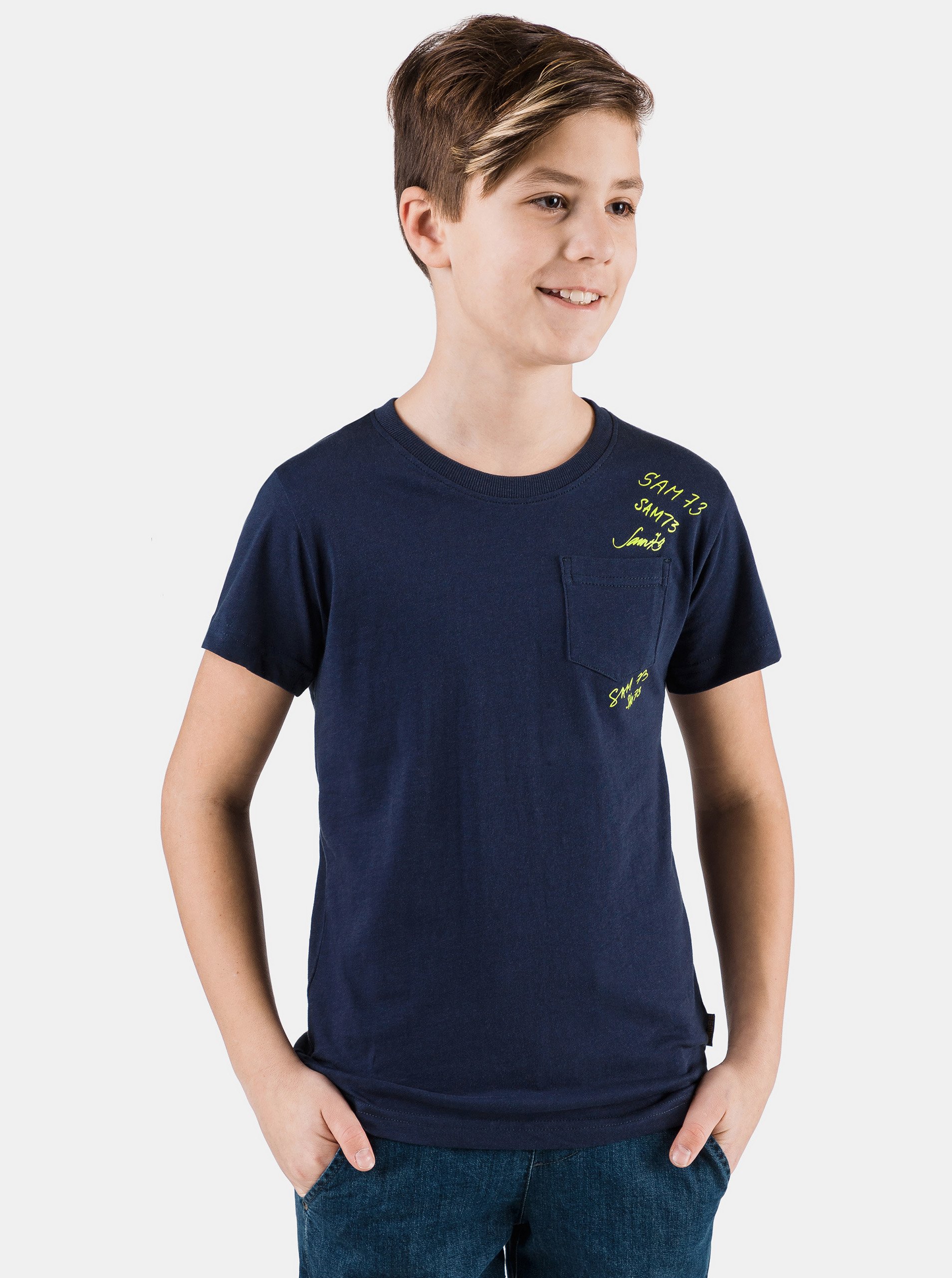 E-shop Tmavě modré klučičí tričko s kapsou SAM 73