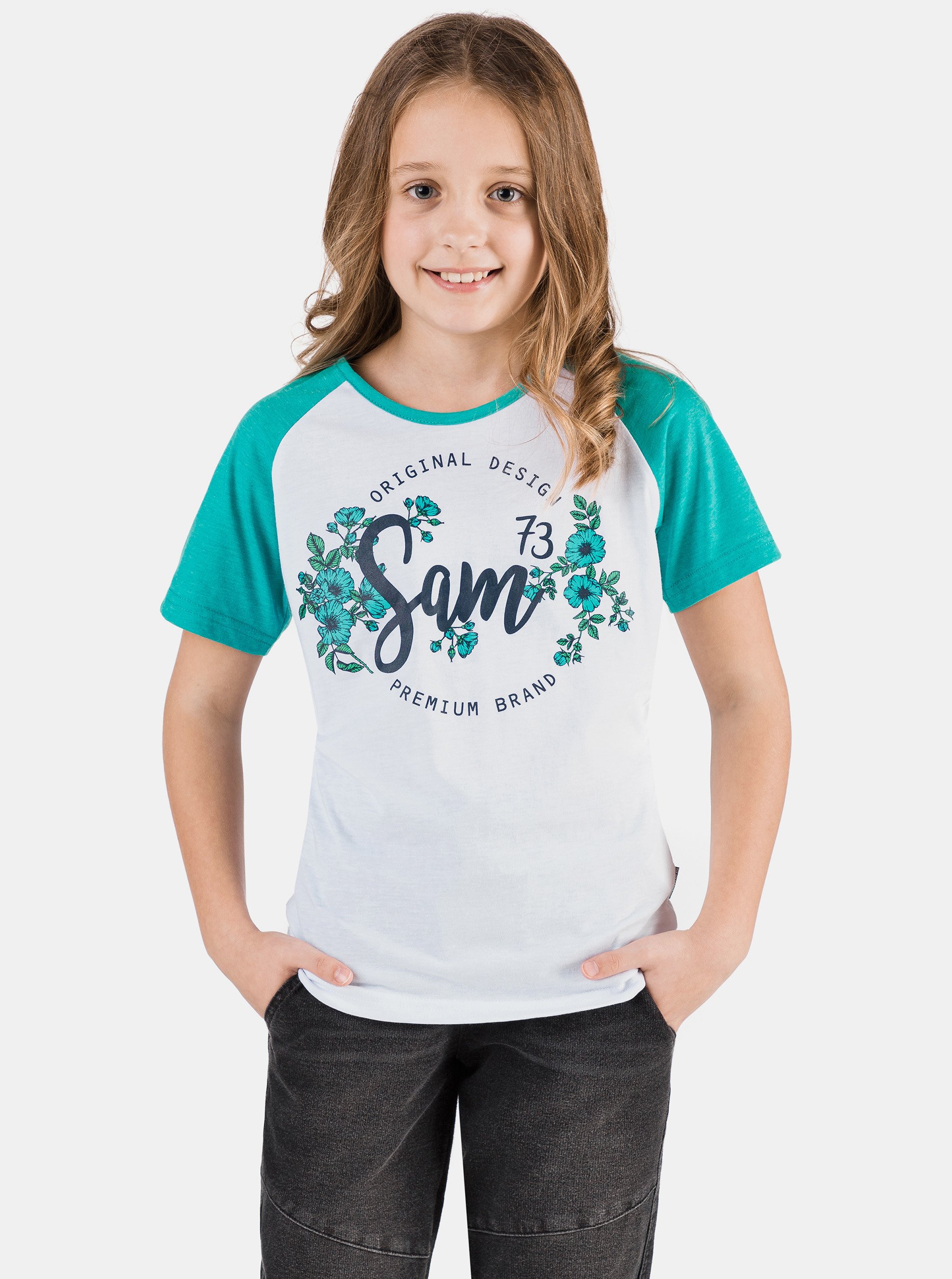 Levně Zeleno-bílé holčičí tričko s potiskem SAM 73