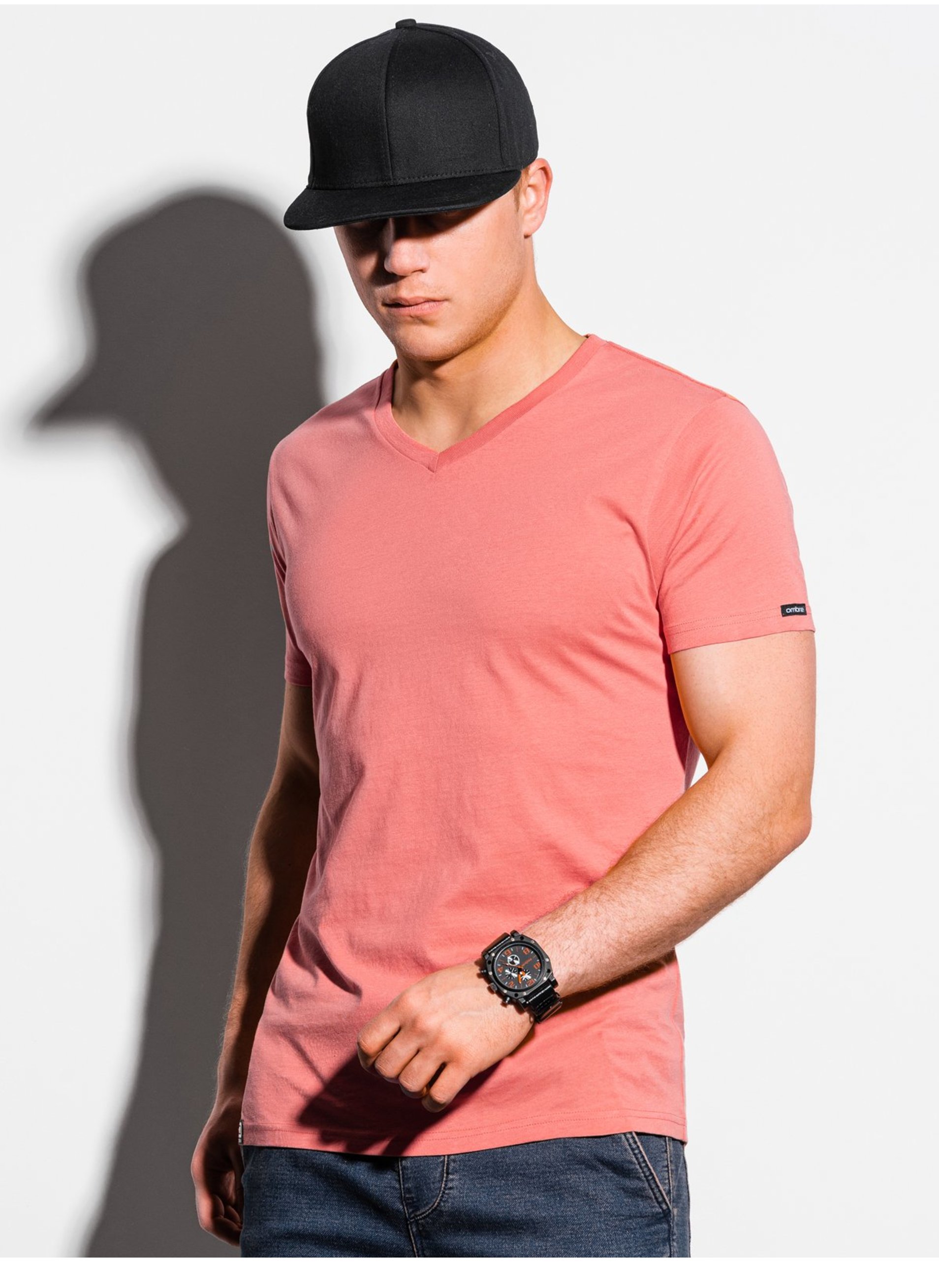 E-shop Koralové pánske tričko bez potlače Ombre Clothing S1369 basic basic