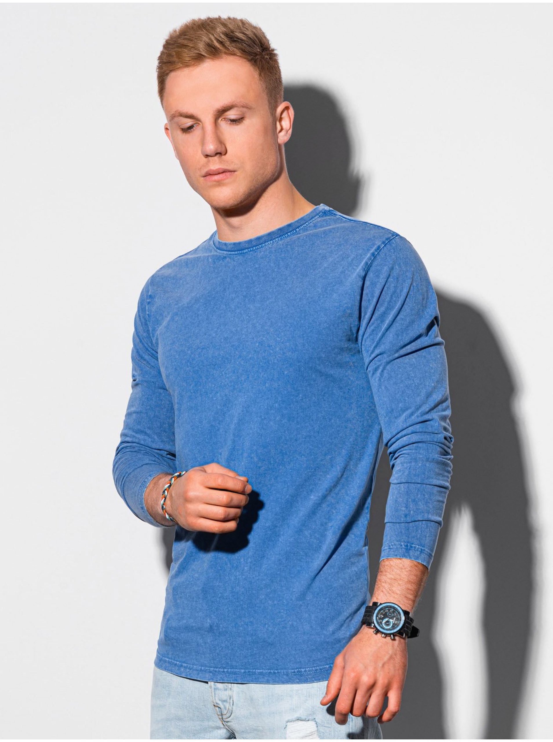 Lacno Modré pánske basic tričko s dlhým rukávom L131