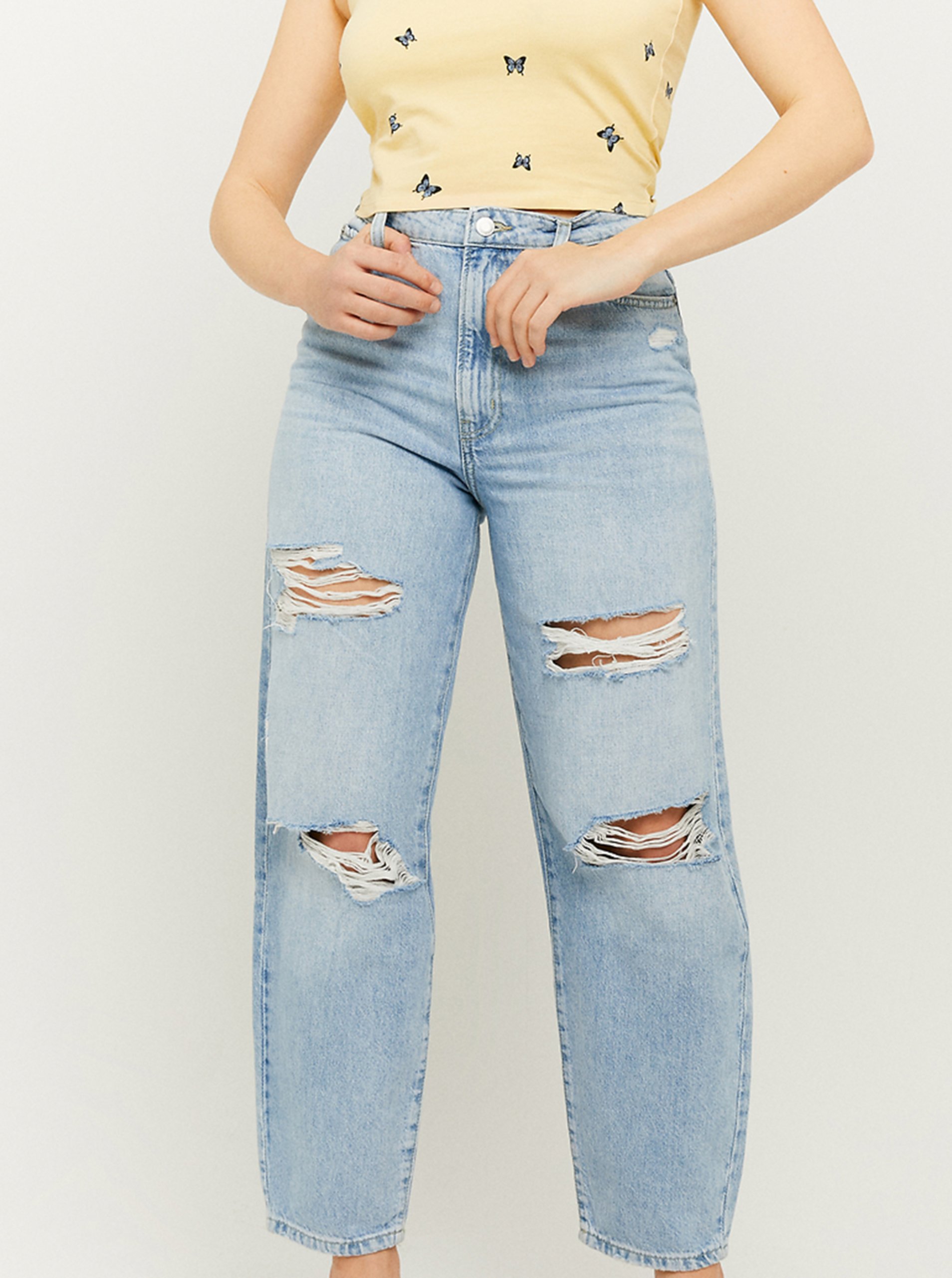 Levně Světle modré zkrácené straight fit džíny s potrhaným efektem TALLY WEiJL
