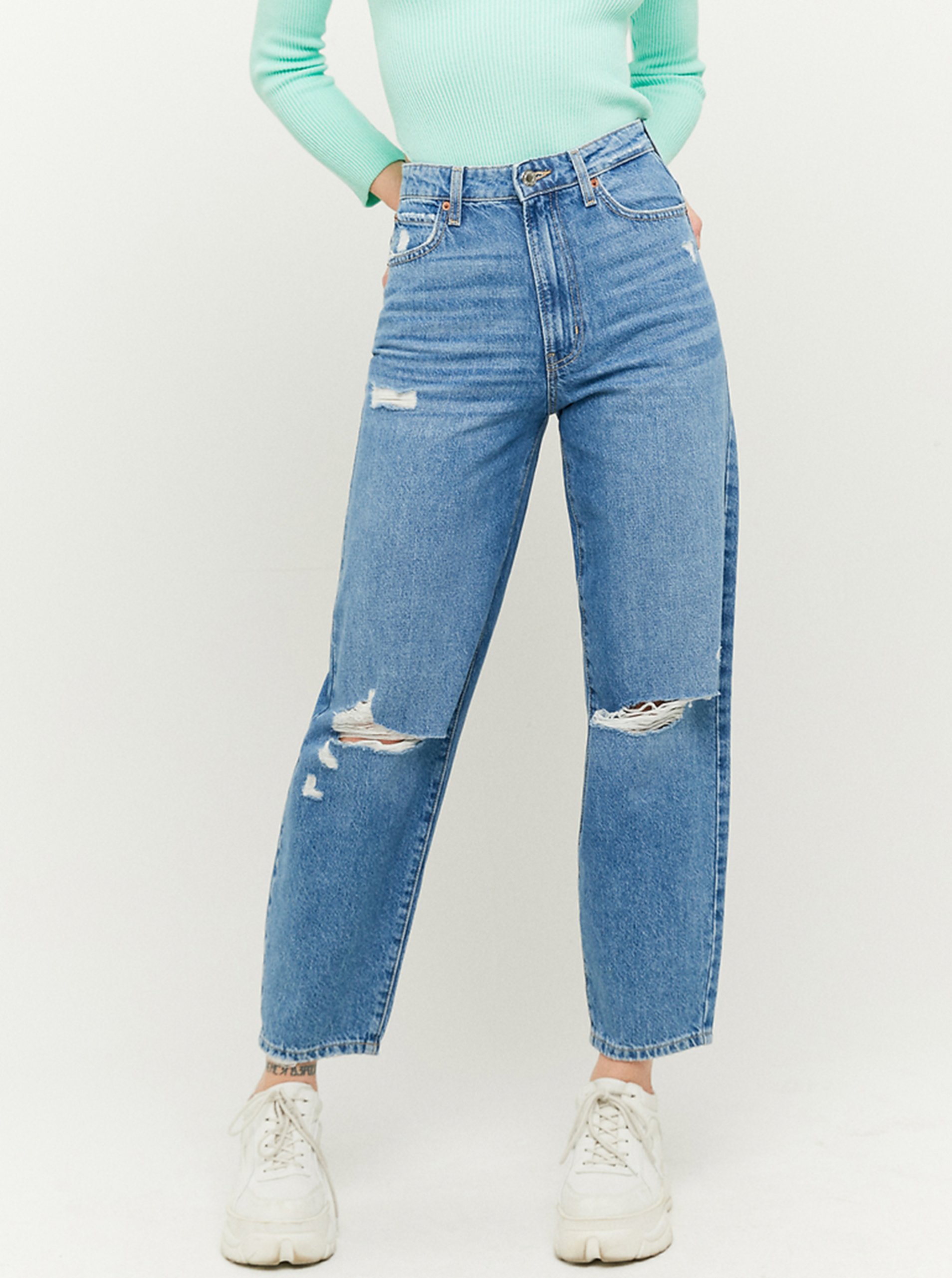 Levně Modré zkrácené straight fit džíny s potrhaným efektem TALLY WEiJL