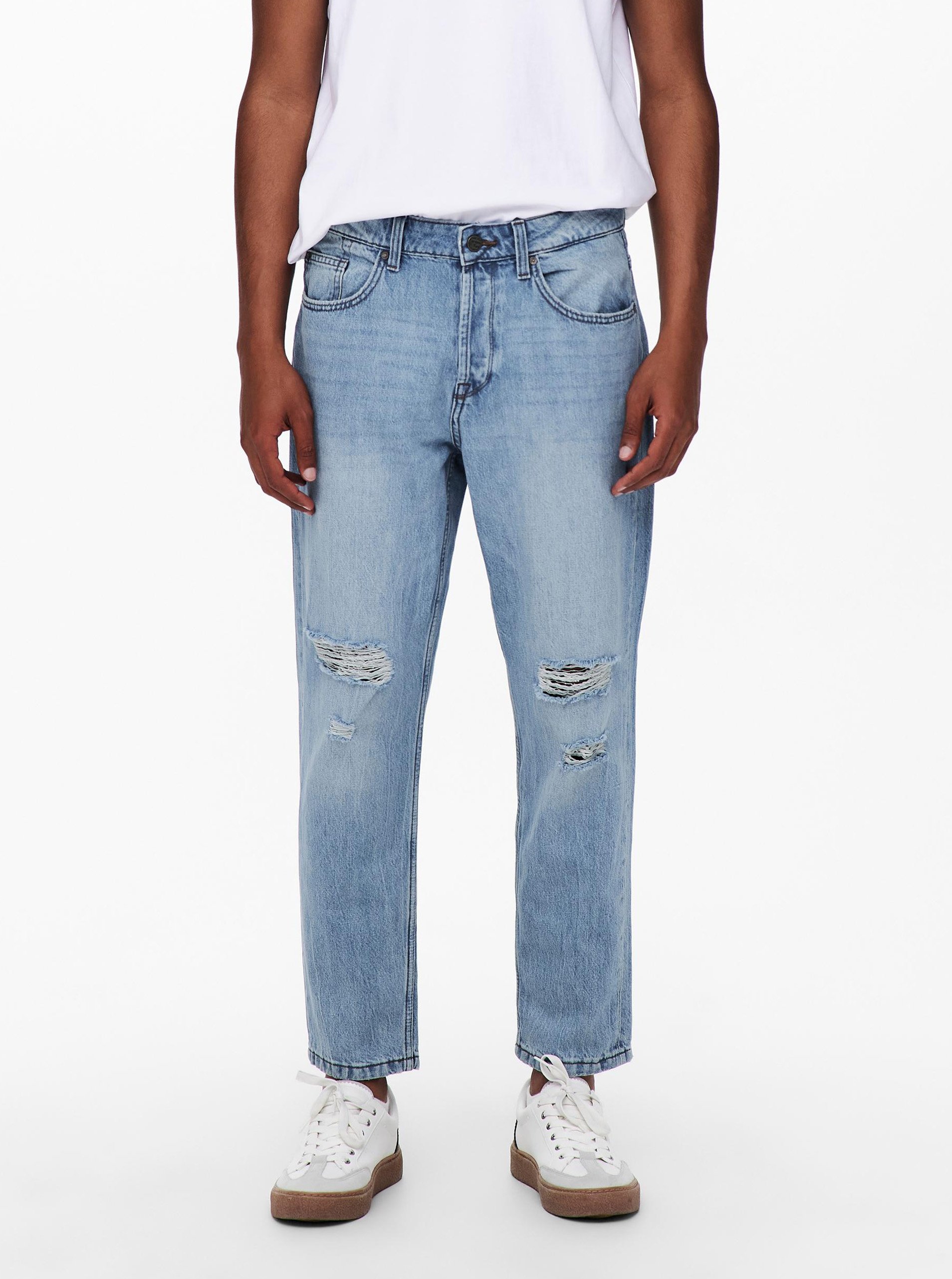 E-shop Modré straight džíny s potrhaným efektem ONLY & SONS Savi