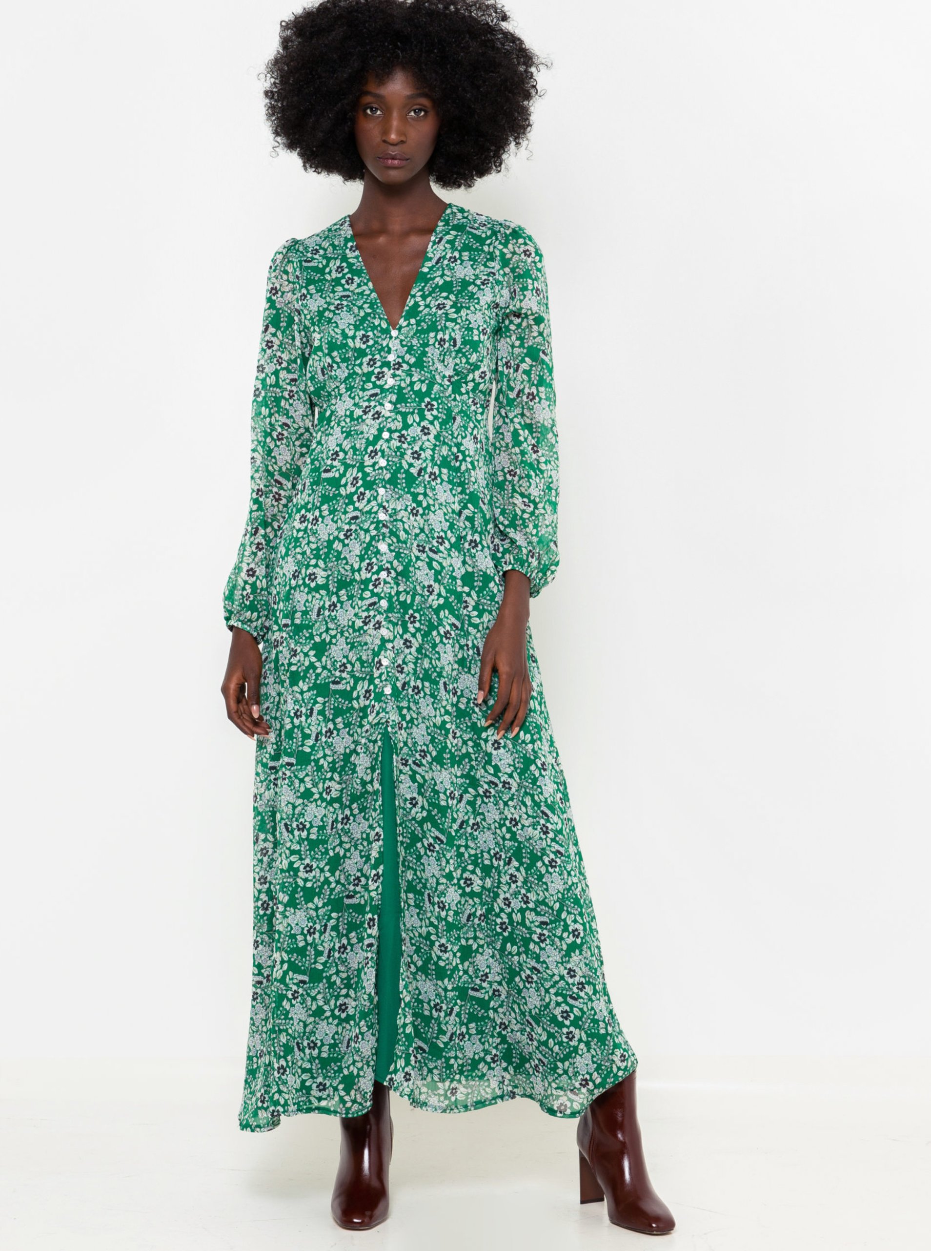 Lacno Zelené kvetované maxi šaty CAMAIEU