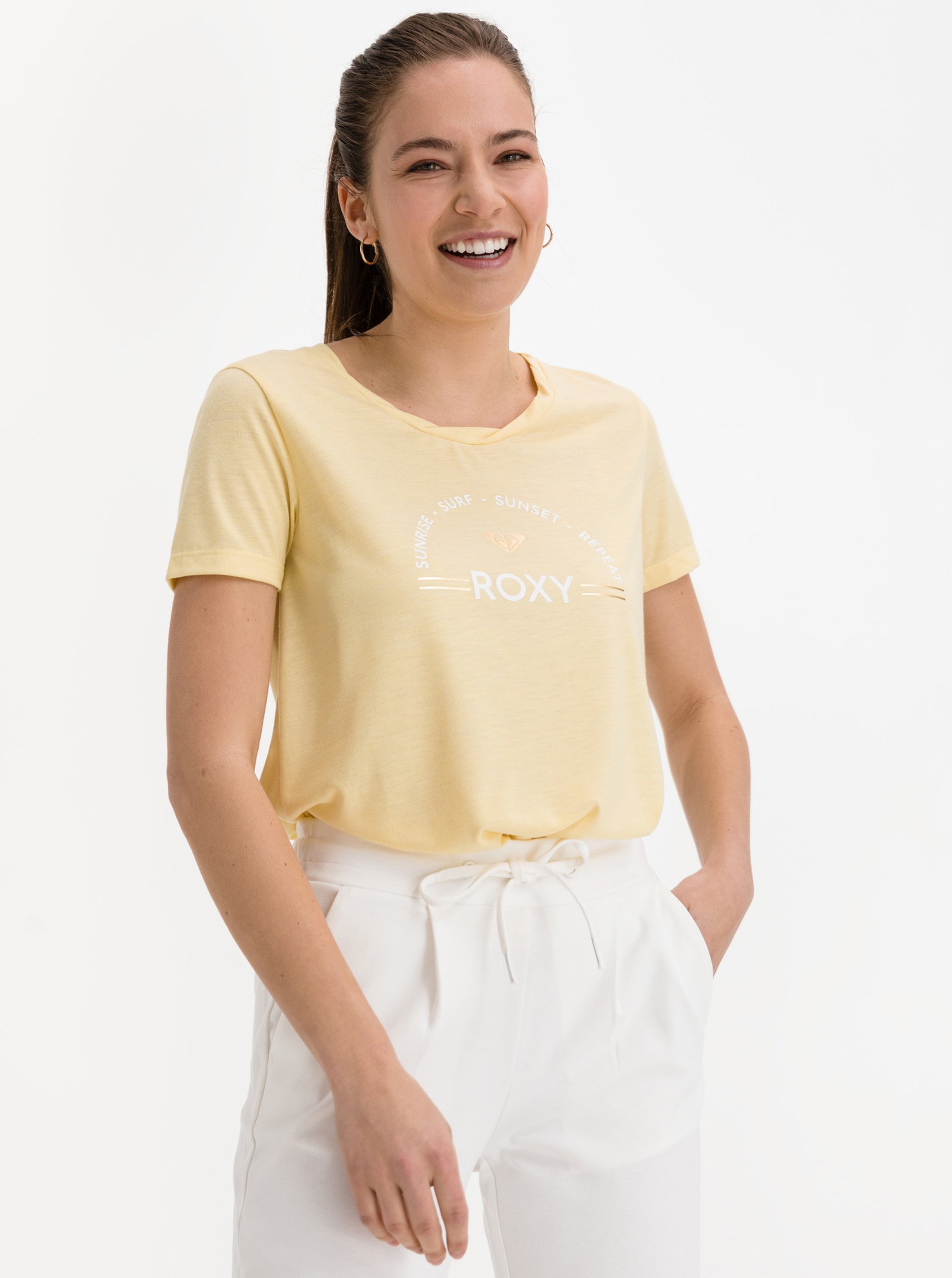 Levně Žluté dámské tričko s potiskem Roxy