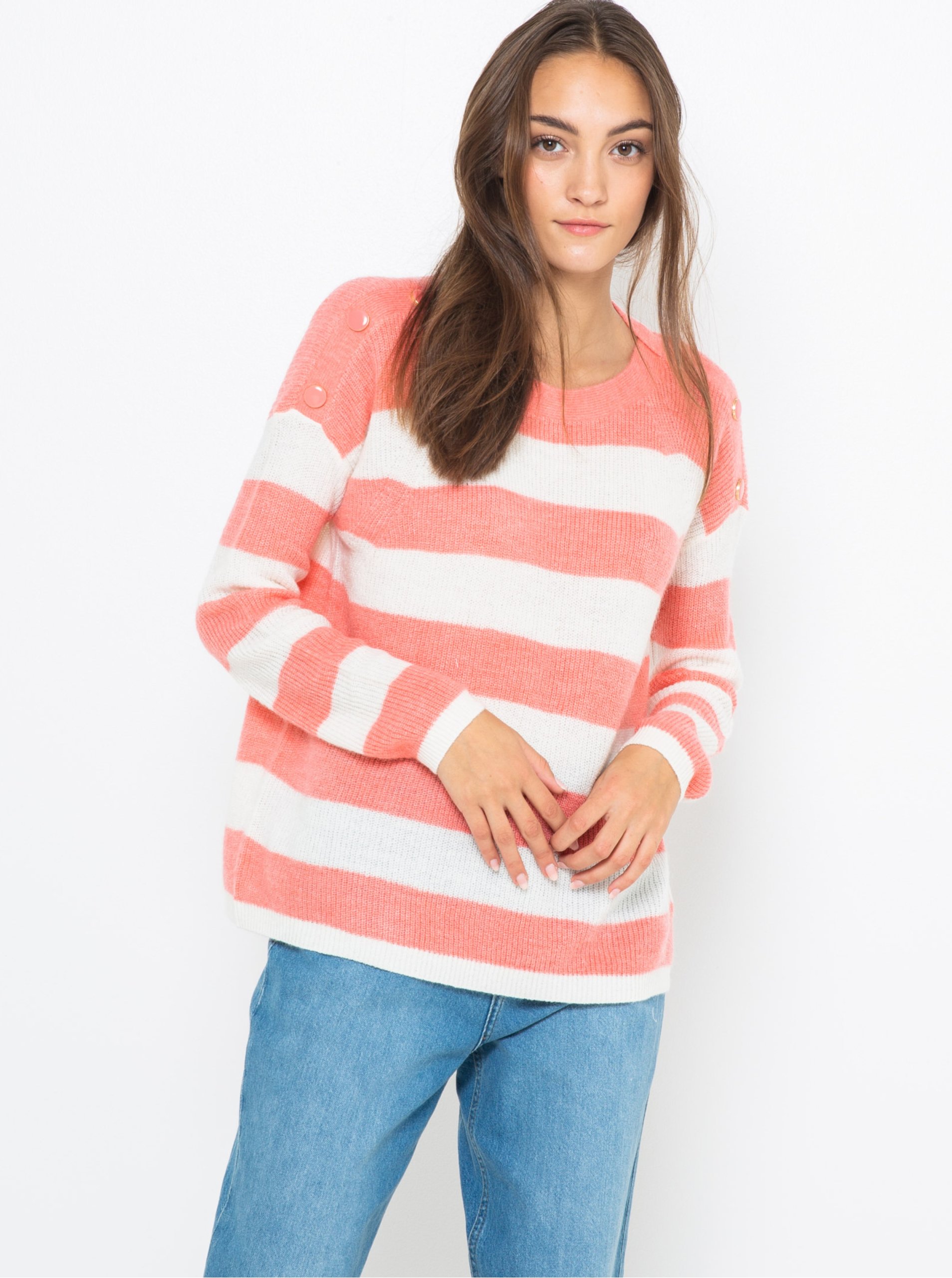 E-shop Ružovo-biely pruhovaný sveter s prímesou vlny CAMAIEU