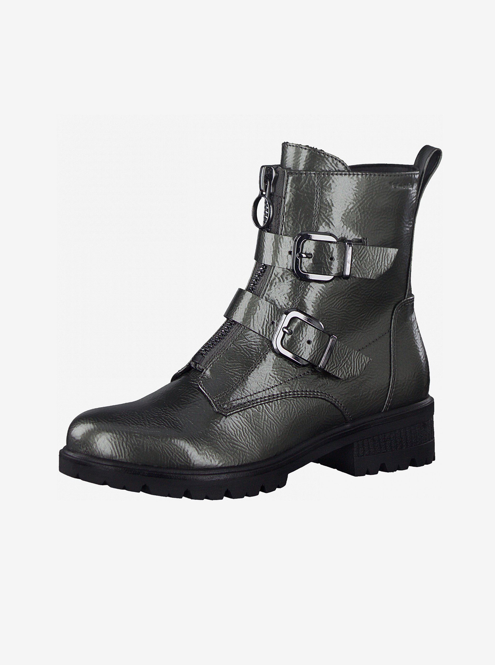 E-shop Tmavě šedé kotníkové boty s přezkami Tamaris
