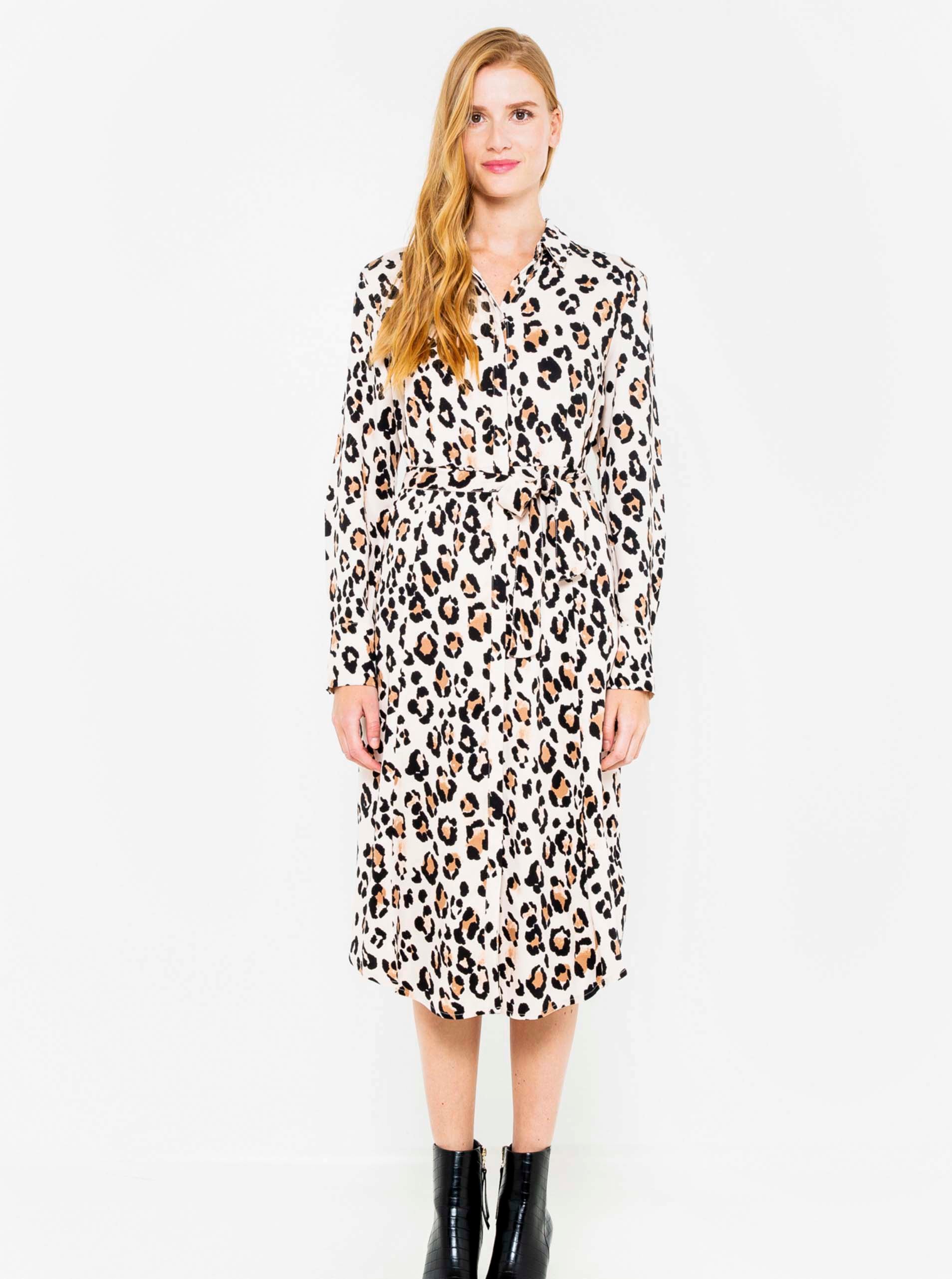 Lacno Béžové košeľové šaty s leopardím vzorom CAMAIEU