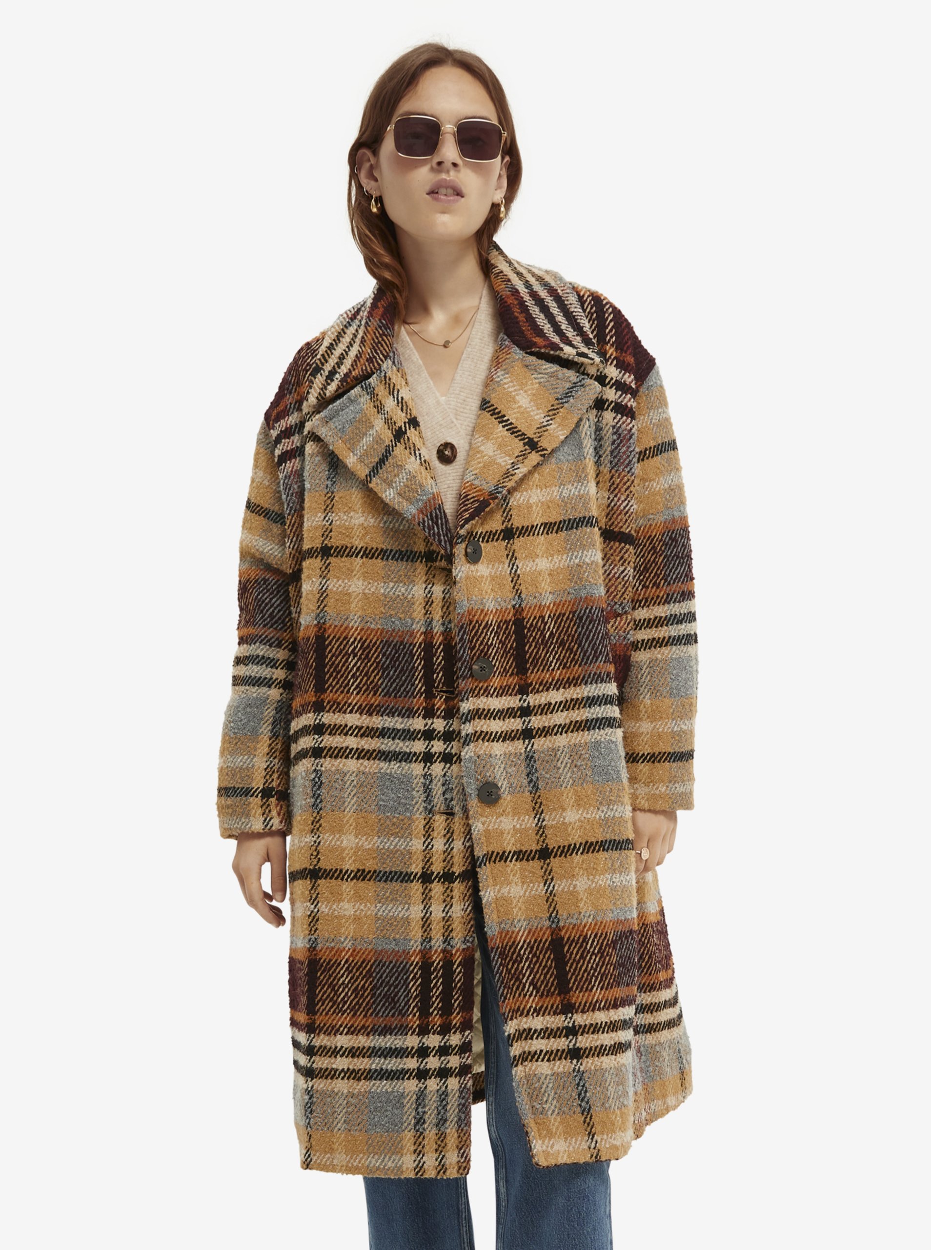 E-shop Hnědý dámský kostkovaný kabát Scotch & Soda