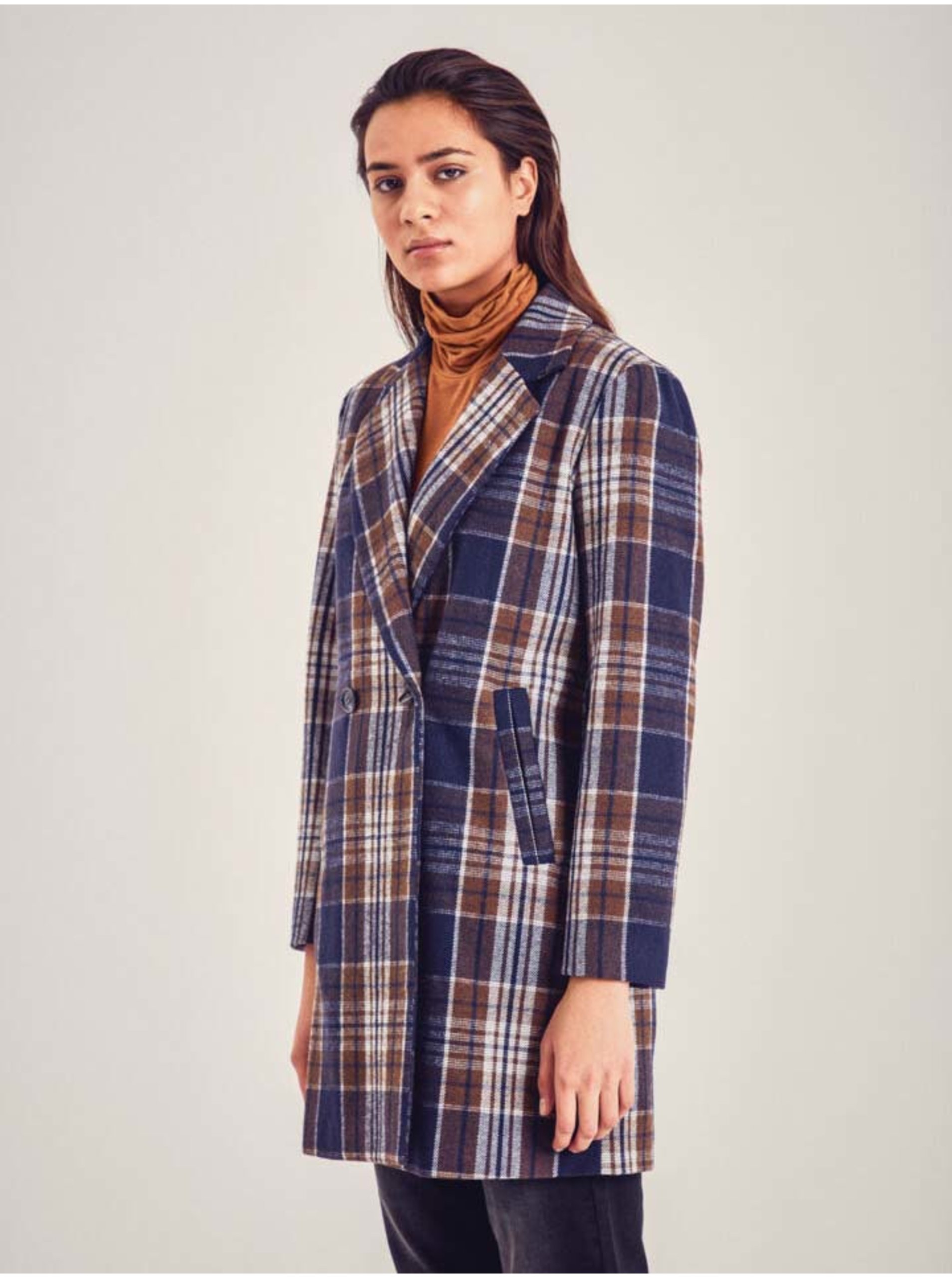E-shop Hnědo-modrý dámský kostkovaný kabát ICHI