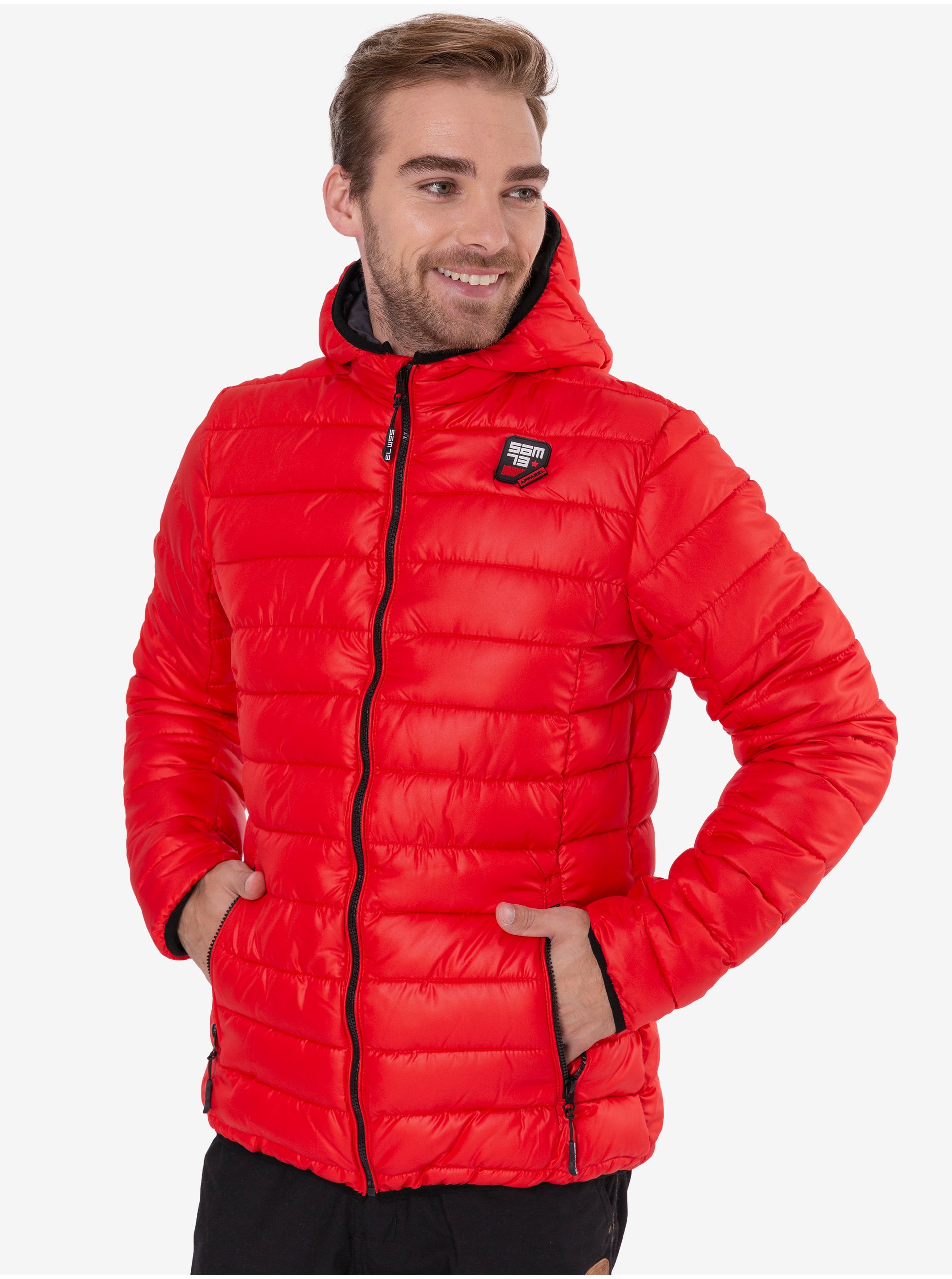 Lacno Červená pánska prešívaná zimná bunda s kapucňou SAM 73 Blaise