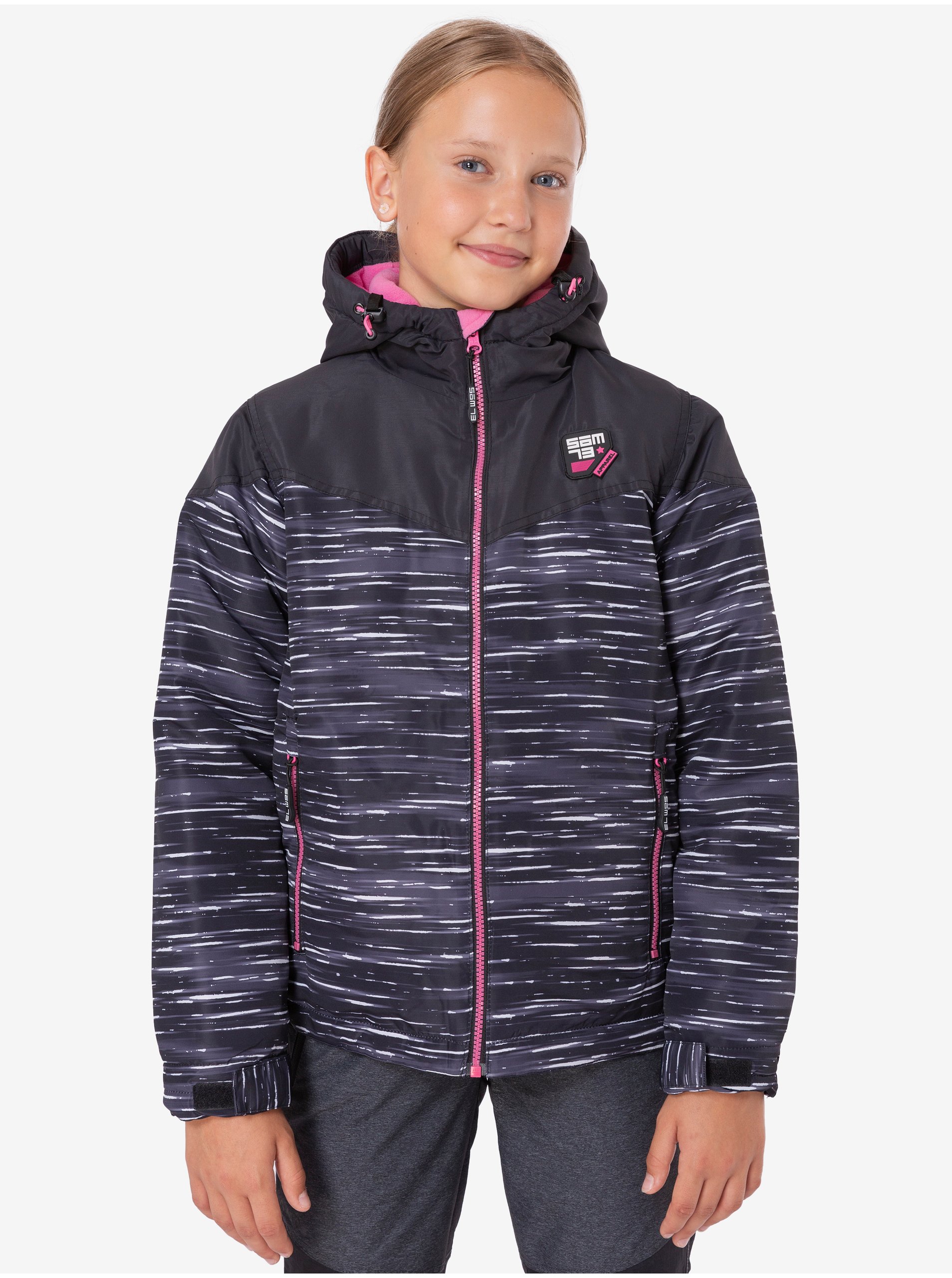 Levně Růžovo-černá holčičí žíhaná zimní bunda s kapucí SAM 73 Thia