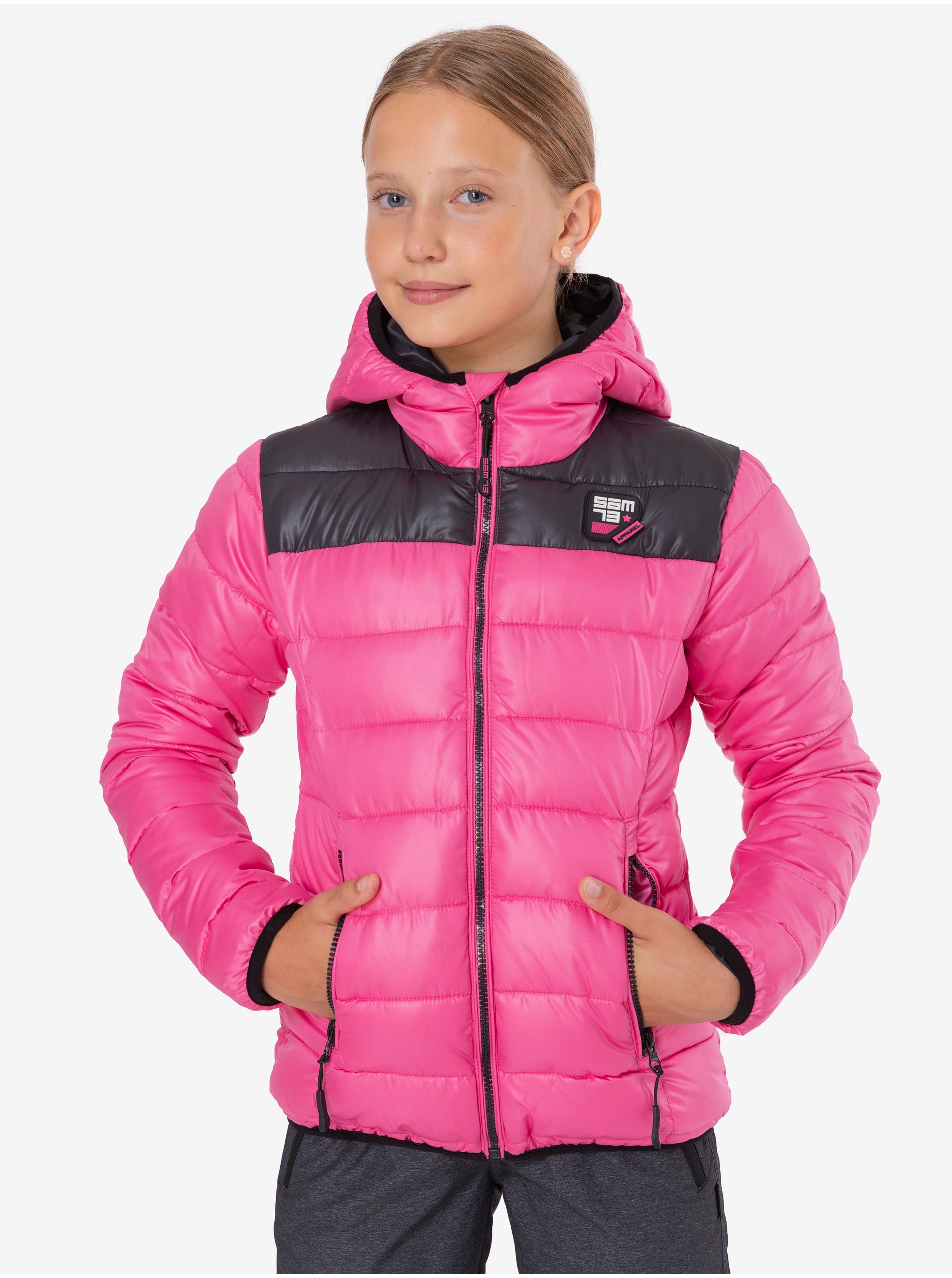 Levně Černo-růžová holčičí prošívaná zimní bunda s kapucí SAM 73 Eloise