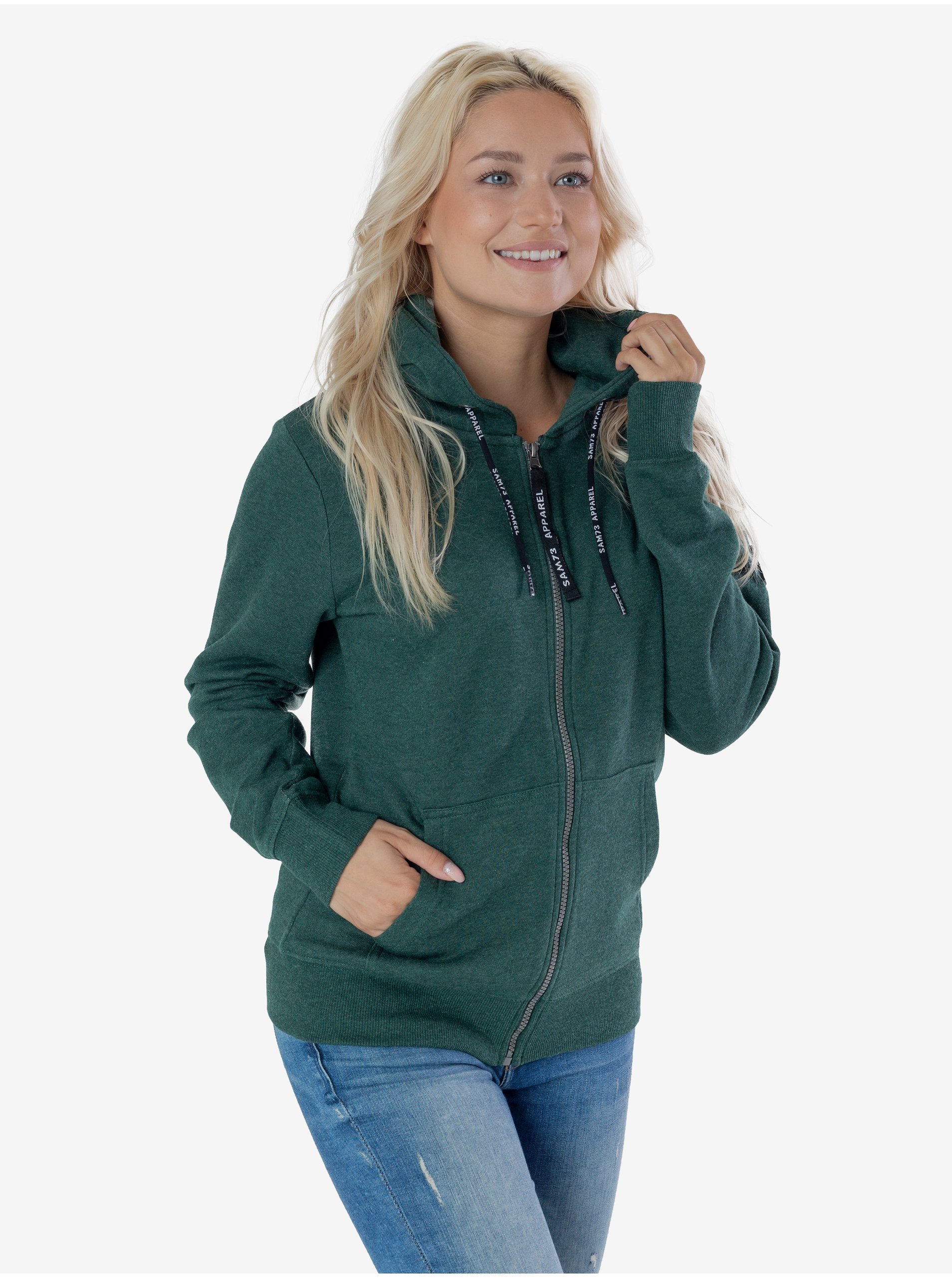 E-shop Tmavě zelená dámská mikina s kapucí SAM 73