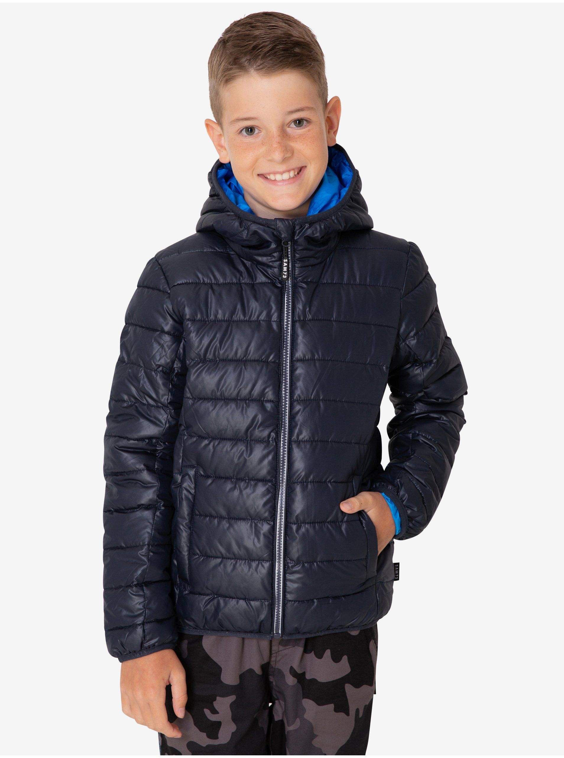 Lacno Tmavomodrá chlapčenská prešívaná zimná bunda s kapucňou SAM 73 Jonah