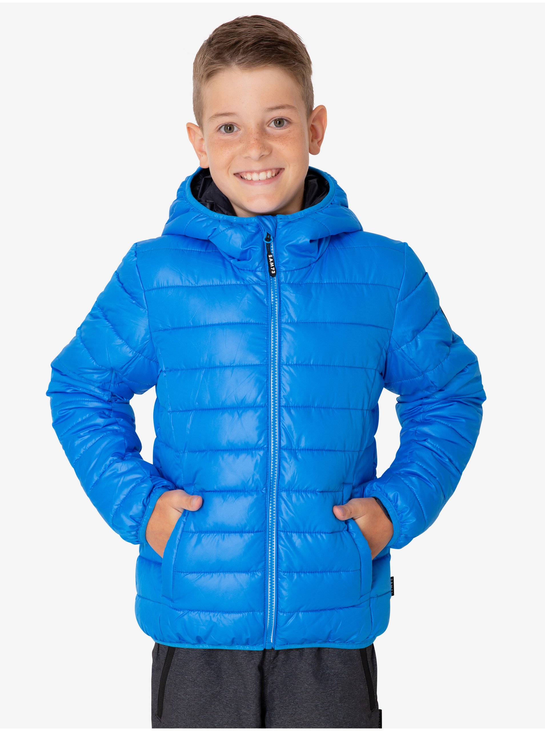 Lacno Modrá chlapčenská prešívaná zimná bunda s kapucňou SAM 73 Jonah